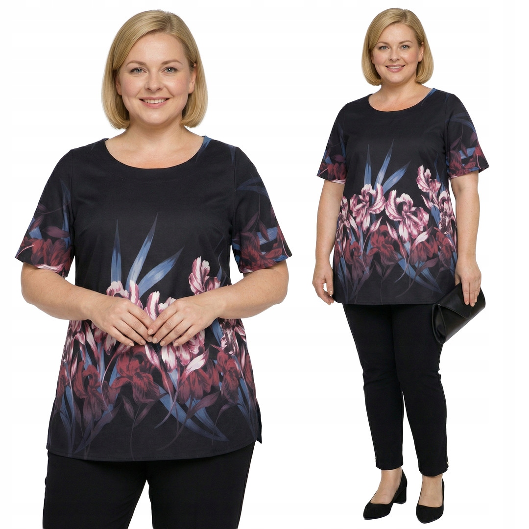 Tmavá tunika fialové květy plus size velikost 52