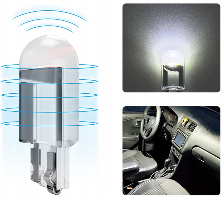 KRYSTALICZNA ŻARÓWKA SAMOCHODOWA LED W5W T10 SPHERE COB 360' BIAŁA Model ML-W5W-1