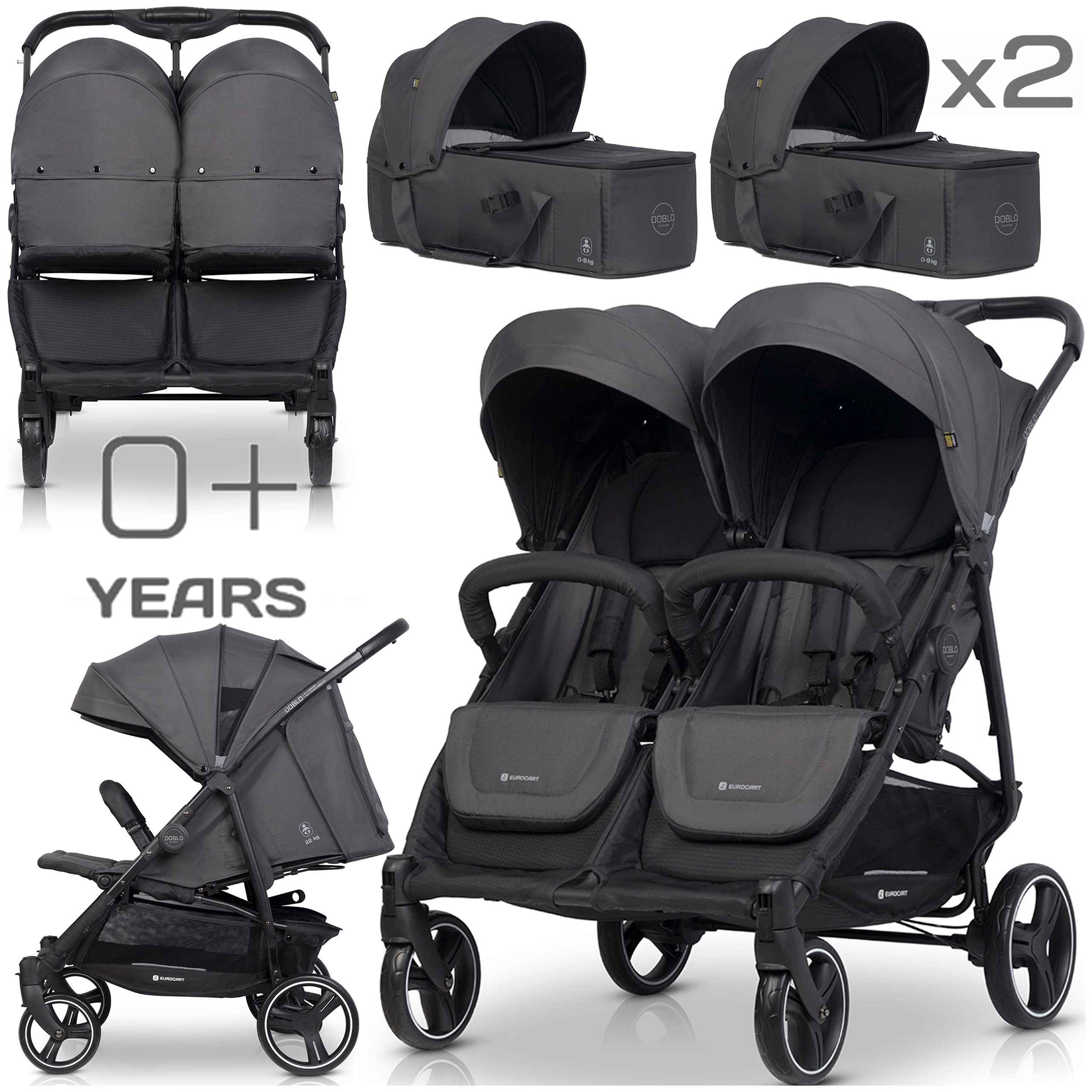 WÓZEK SPACEROWY DLA BLIŹNIĄT ROK PO ROKU + 2x GONDOLA 2w1 DUŻE KOŁA 0-44 KG