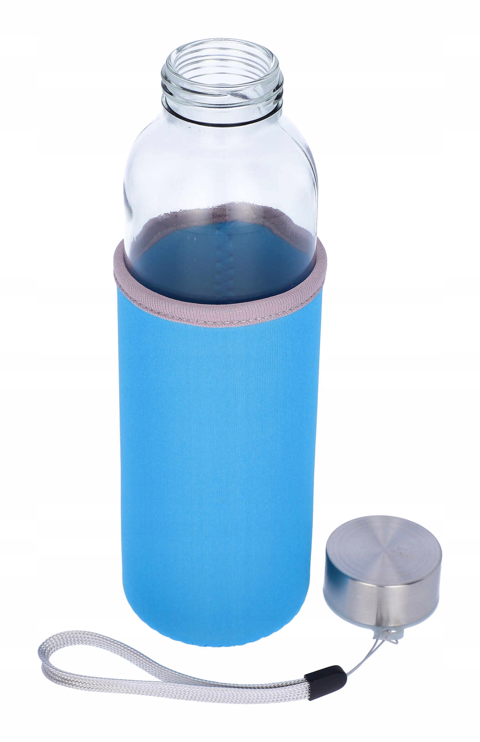 Butelka szklana 500 ml w błękitnym etui podróżna do szkoły pracy