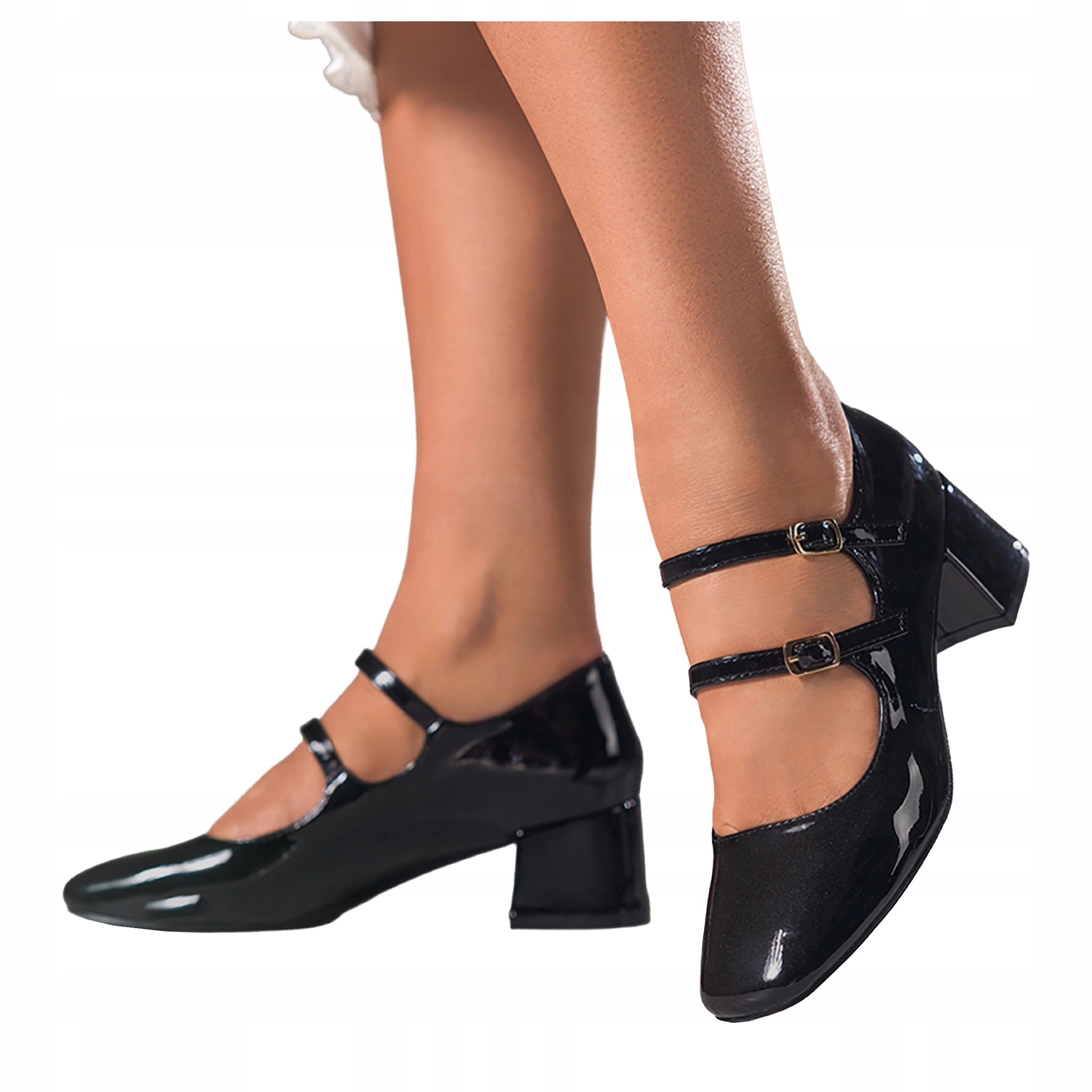 Dámské černé lodičky Mary Jane s pásky Podpatek Klocek Lakované r 39