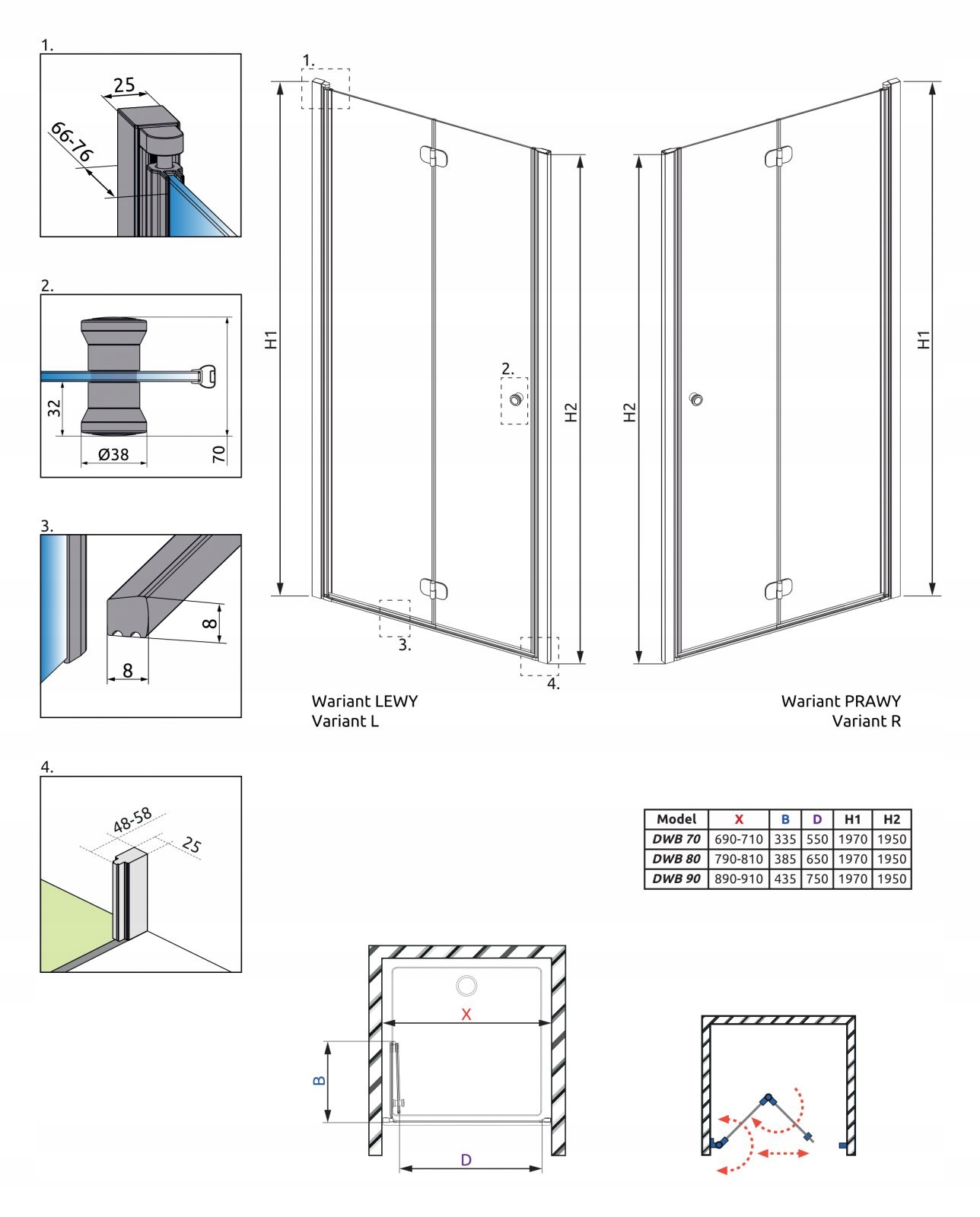 Drzwi prysznicowe szklane prysznic 90 P brązowe Typ drzwi składane