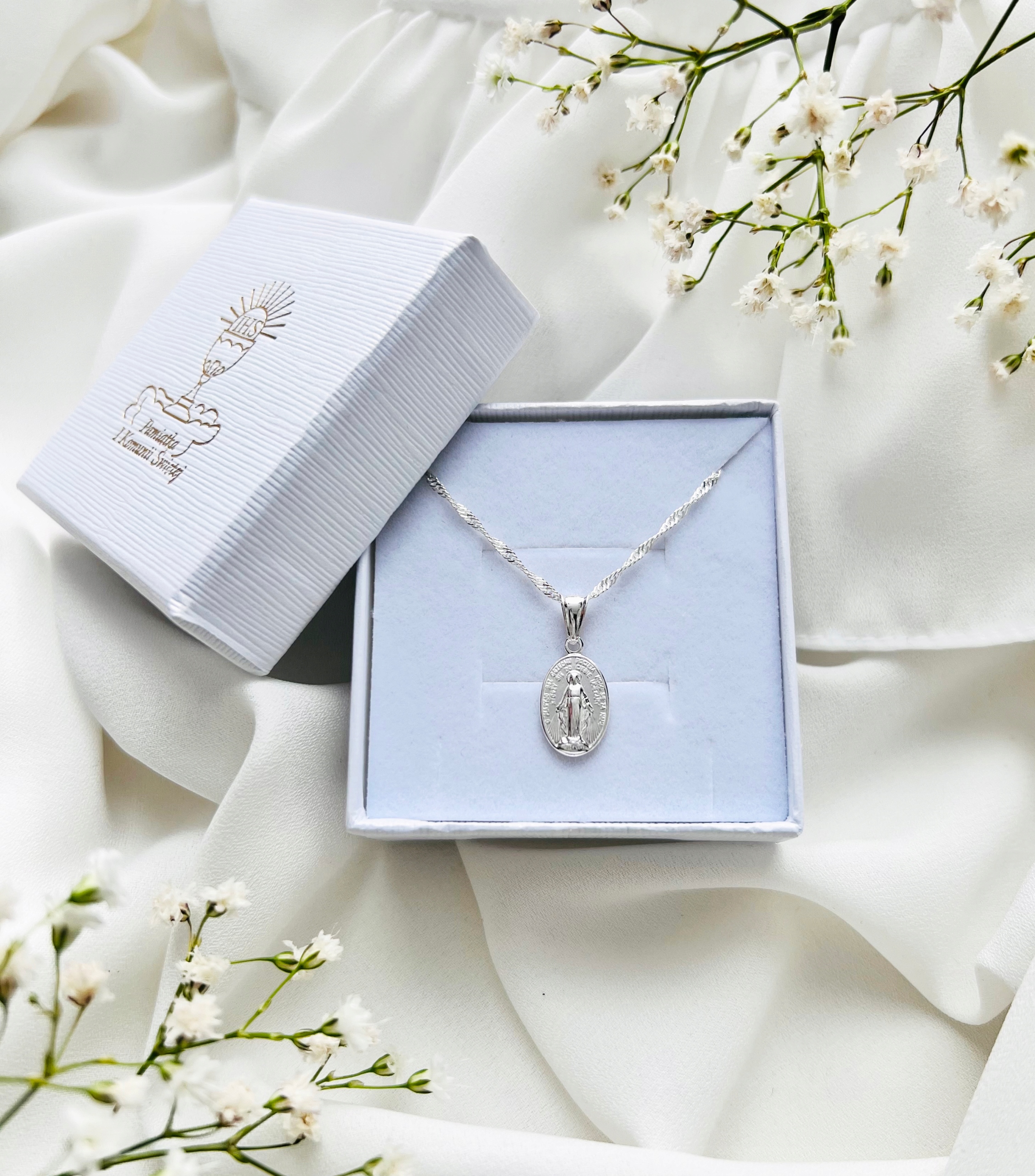 SREBRNY ŁAŃCUSZEK I CUDOWNY MEDALIK KOMUNIJNY MATKA BOSKA CUDOWNA 50cm Marka Abrasar