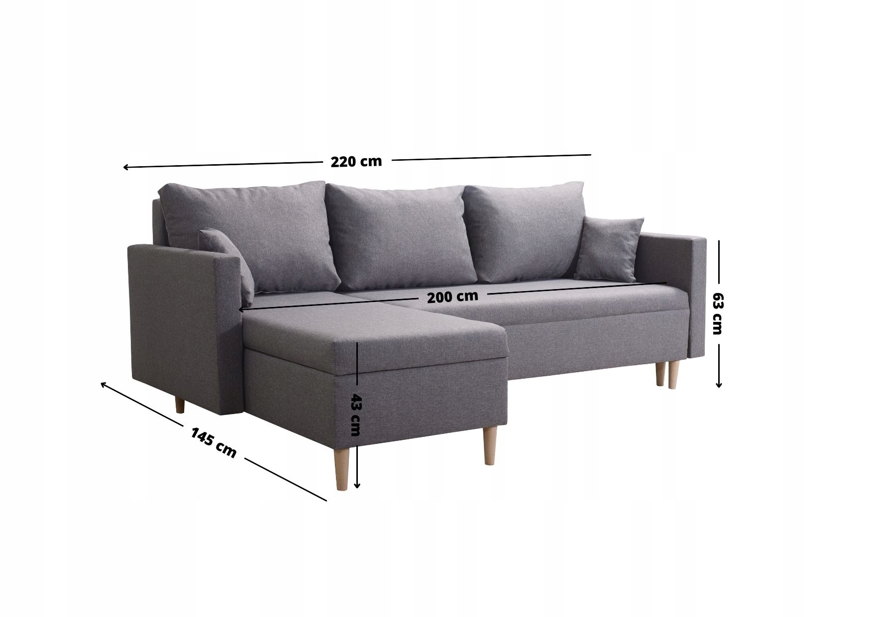 NOWOCZESNY NAROŻNIK z FUNKCJA SPANIA ROZKŁADANY SCANDIK + 2x pojemnik Powierzchnia spania - szerokość (cm) 131-140 cm