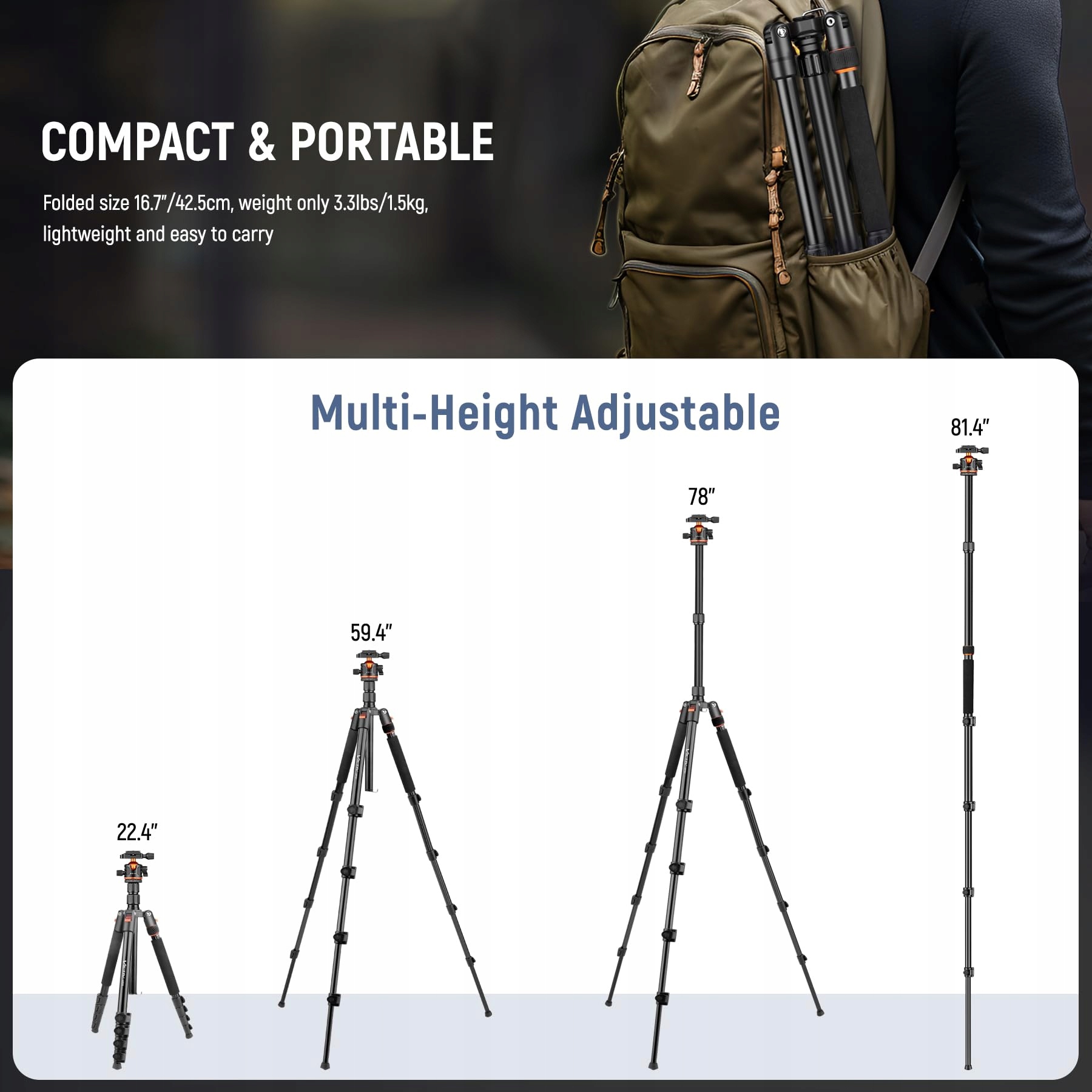 VICTIV Statyw Kamera 198cm Aluminiowy Statyw Podróżny DSLR iPhone — miniatura 2