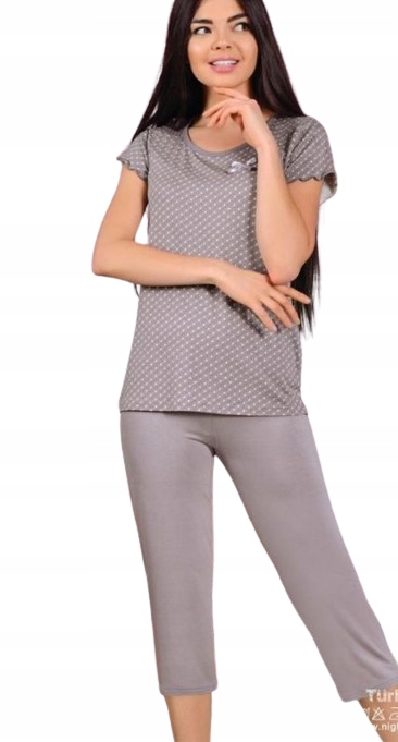 Šedé Pyžamo Viskóza Mašlička Jemný Růžový Vzor 3/4 M Kalhoty
