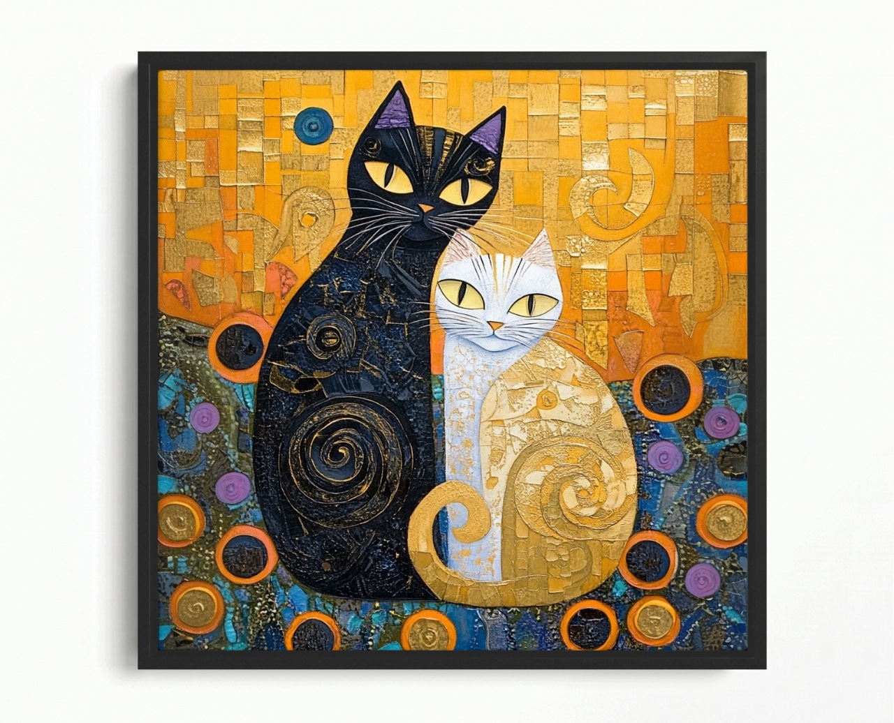 Obraz Rám American Box Mozaika Klimt Dvě Kočky Bílá Černá Yin Yang 60x60