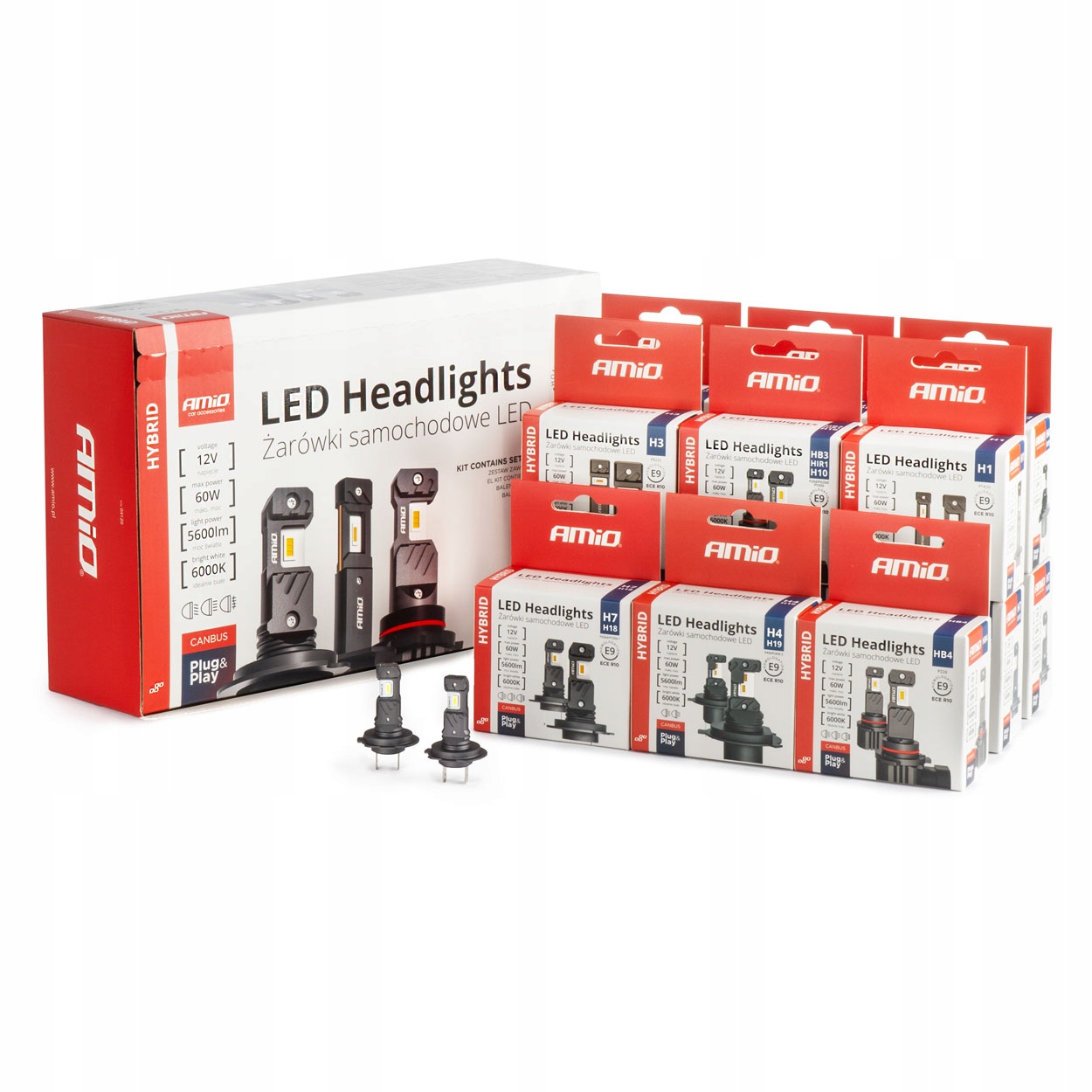 Led automobilové žiarovky Canbus 6000K AMiO Hybrid H1-HB4 16kpl