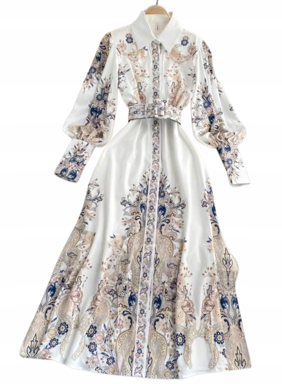 Sukienka rozpinana z rozcięciem zwiewna długa pasek wzorzysta kołnierzyk