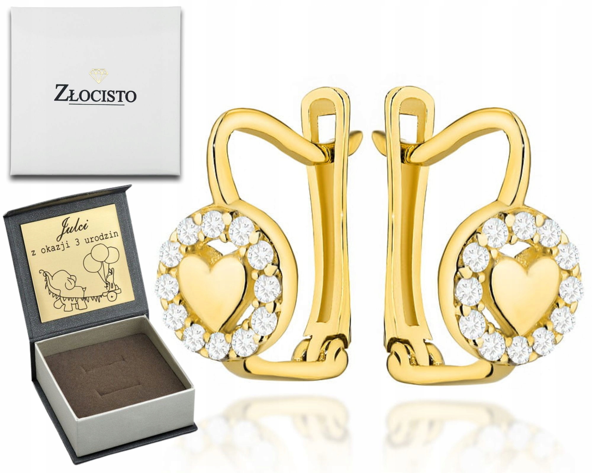 Zlaté Náušnice Se Srdíčkem V Rámu Zirkonů Na Anglickém Zapínání Gravírování