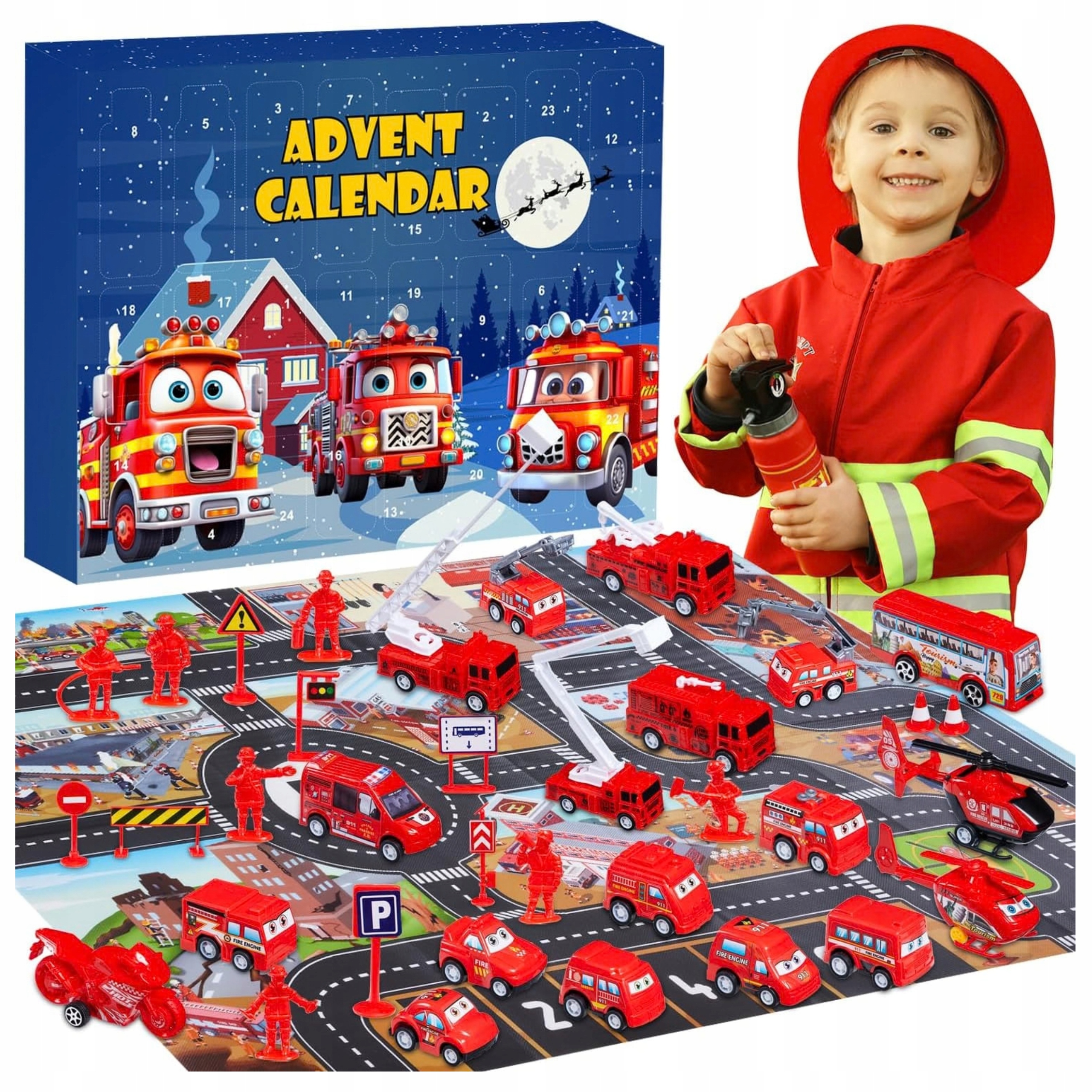 Hasičský adventní kalendář pro děti od 3 let s auty a akcesoria