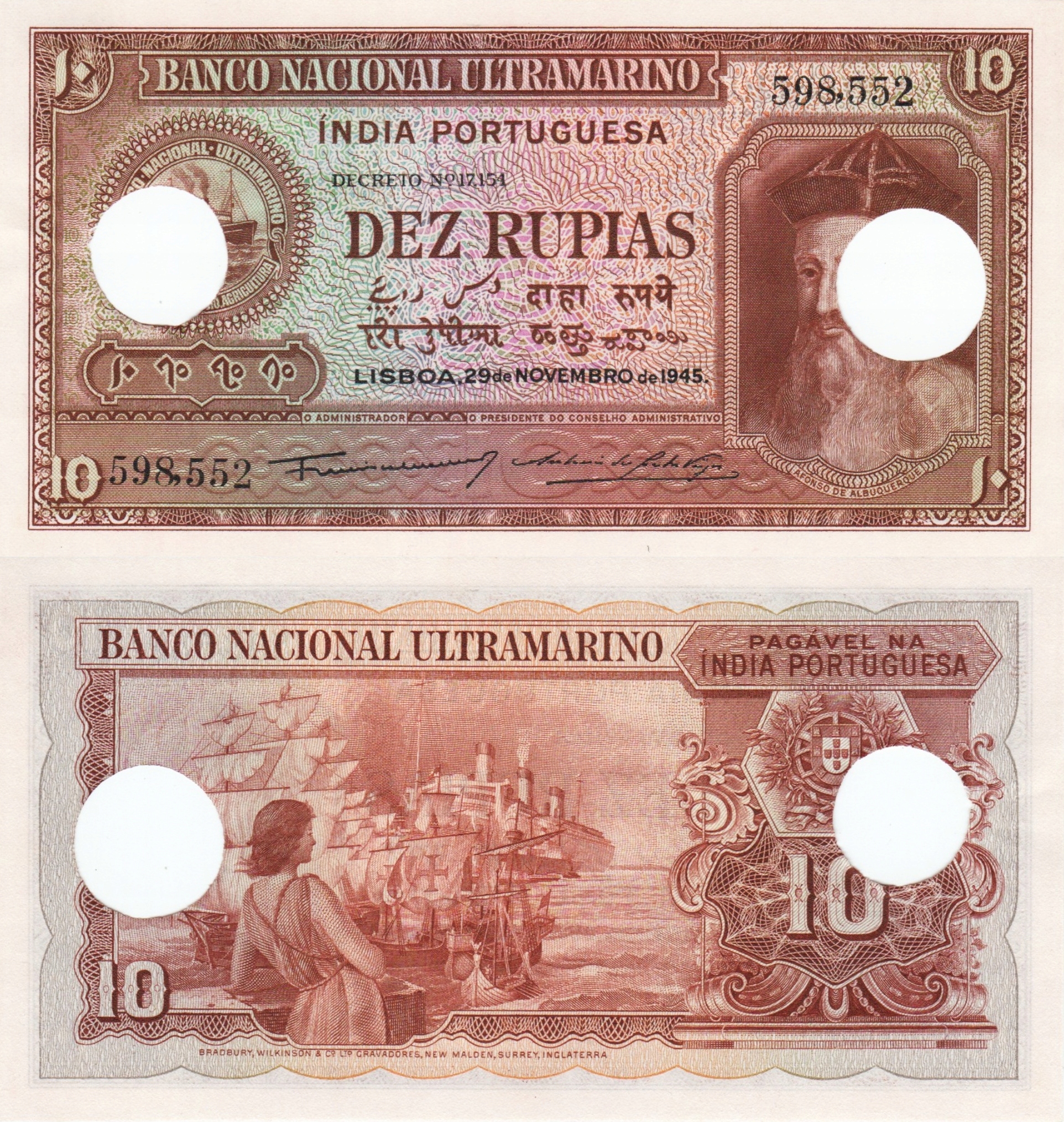 # INDIE PORTUGALSKIE - 10 RUPII - 1945 - P-36 - AU (kasowany)