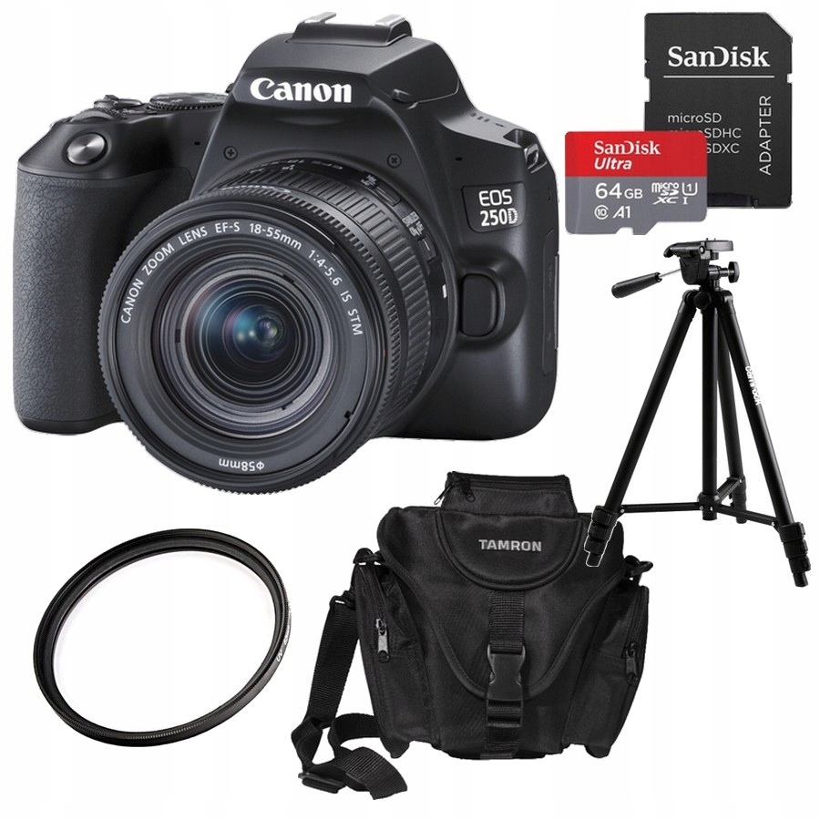 Fotoaparát Canon Eos 250D 18-55 mm f 4-5.6 Is Stm Taška 64 Gb Příslušenství