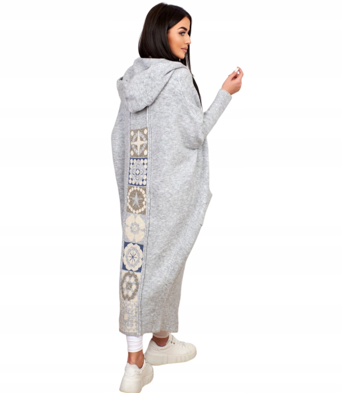 Dlouhý kardigan svetr s řeckým vzorem a vlnou s kapucí, teplý, velikost L