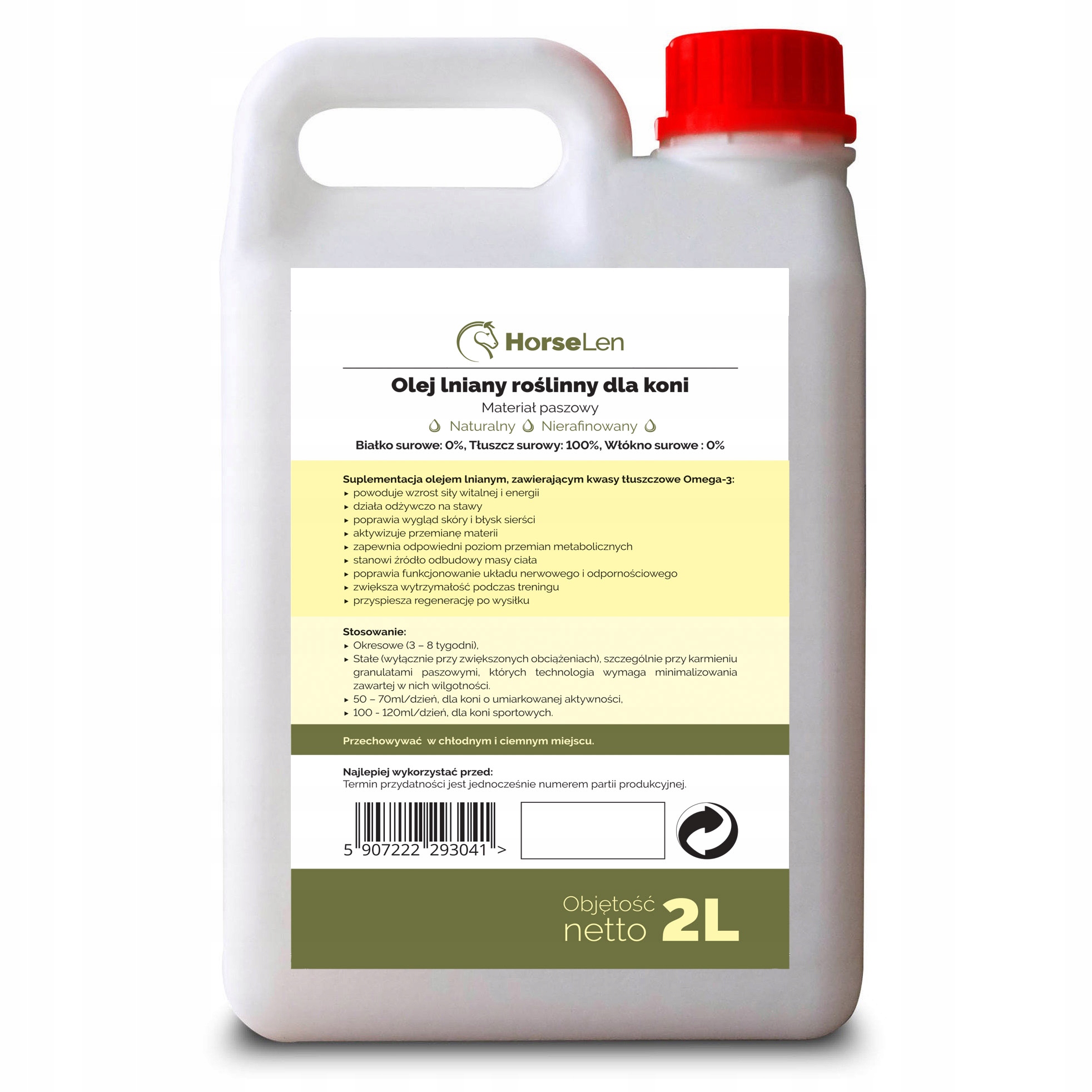Olej Lniany dla koni, Pasza dla koni, Suplement 2L Stan opakowania oryginalne