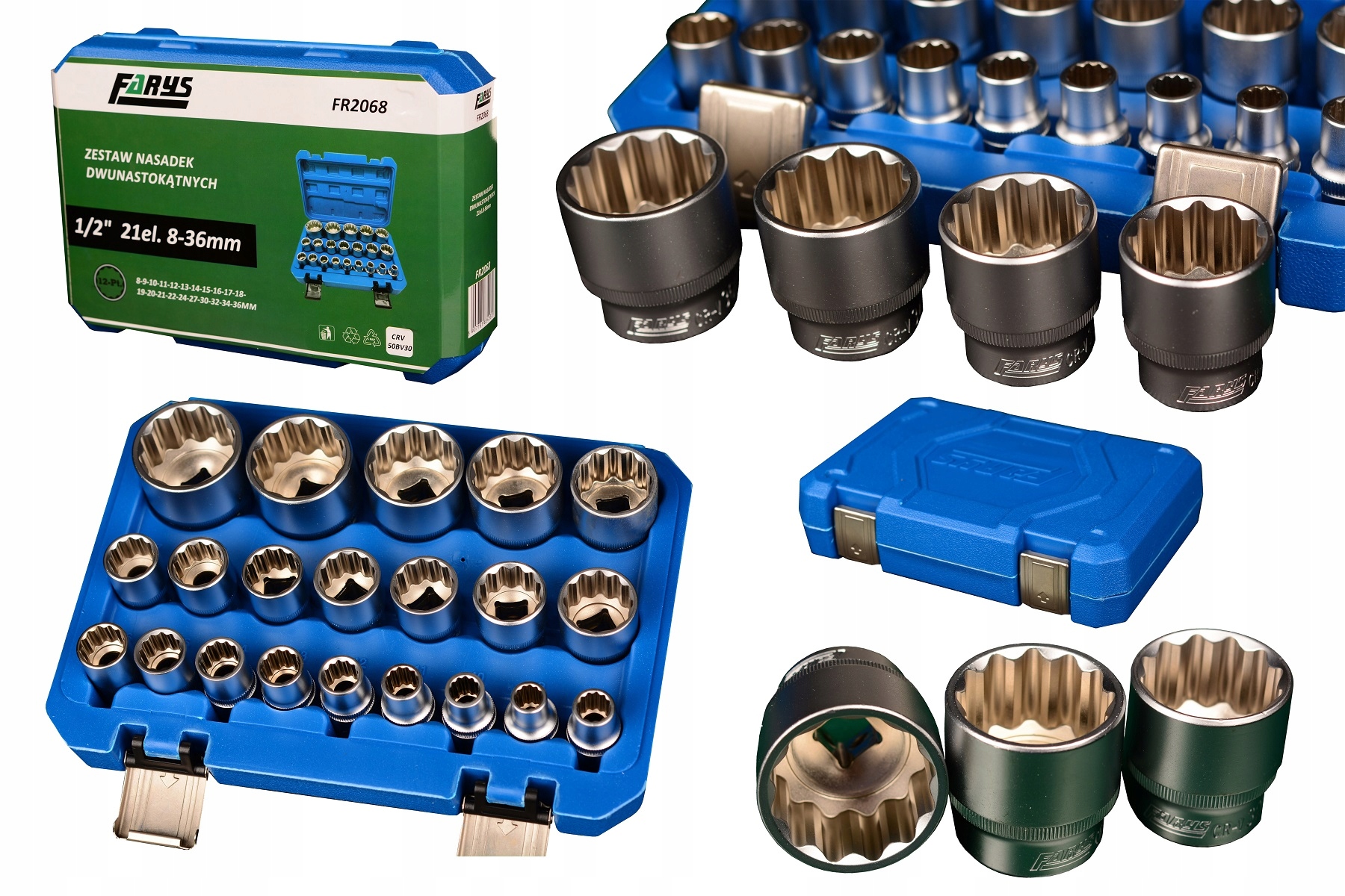 Zestaw Nasadek 1/2 12-Kątnych 8-36mm Klucze Nasadowe 21el CrV Mocne Farys