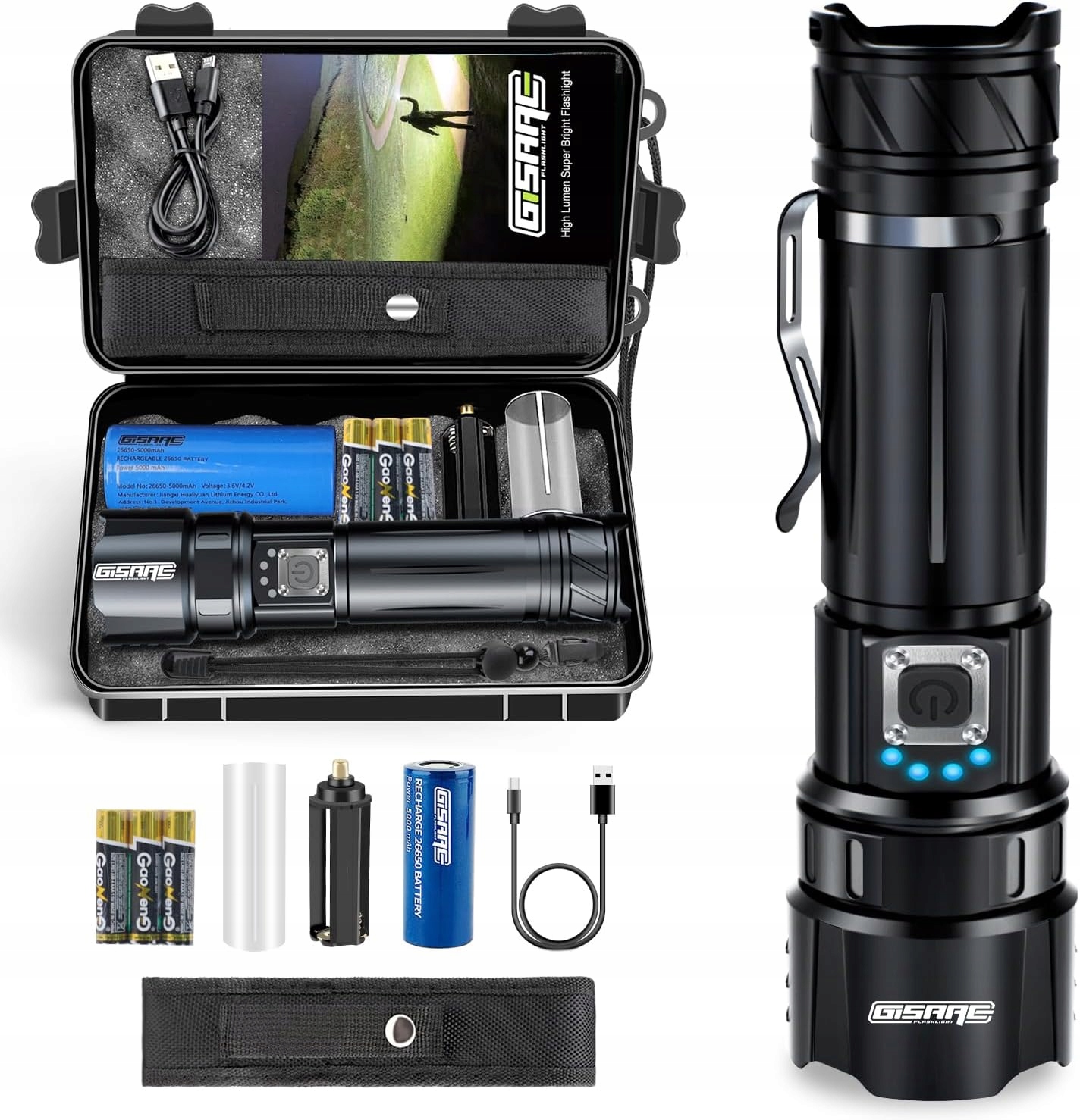 Latarka LED WOJSKOWA TAKTYCZNA zasięg do 500m 4200lm wodoodp. 5000mAh+etui