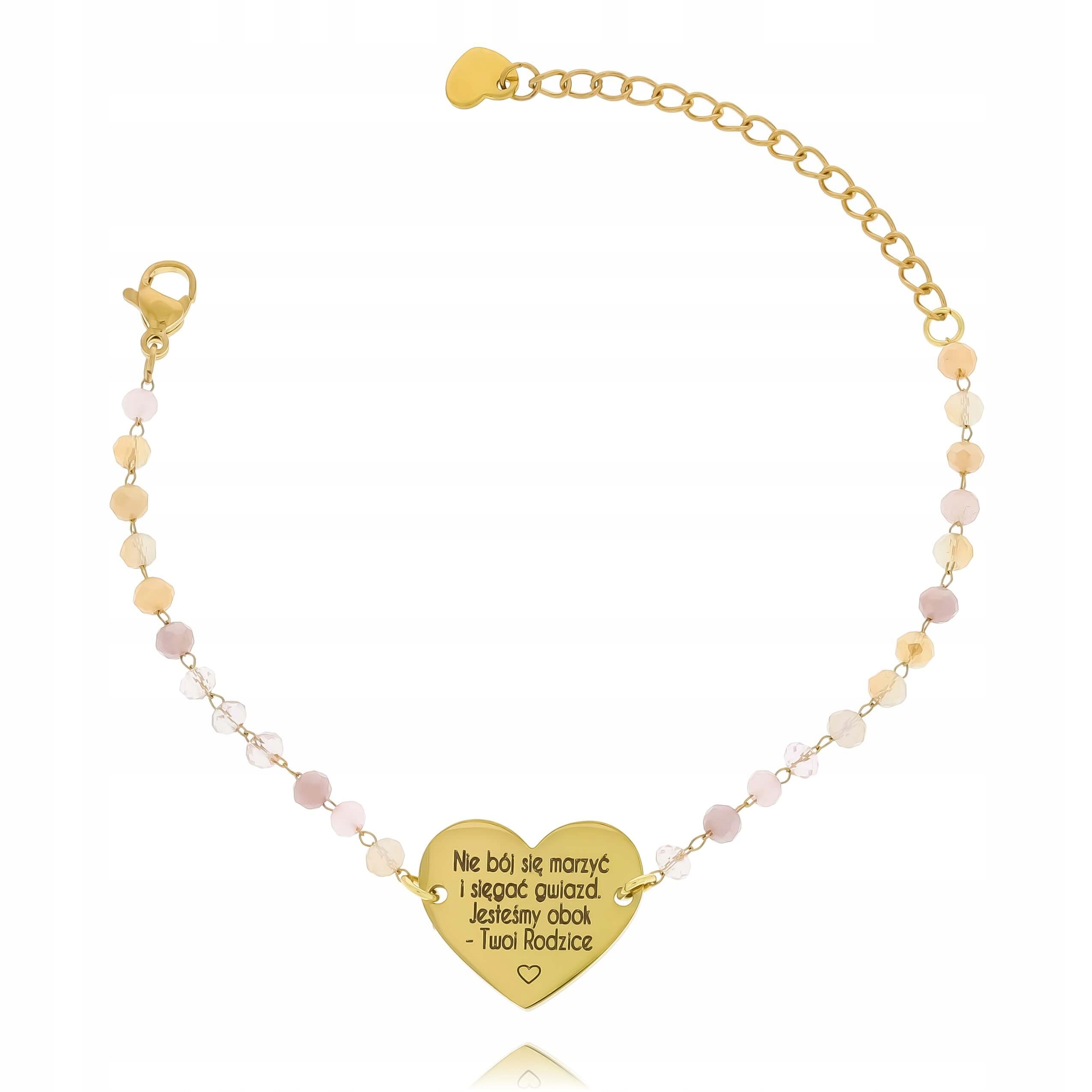 Bransoletka dla córeczki stal chirurgiczna różowe koraliki serce z grawerem