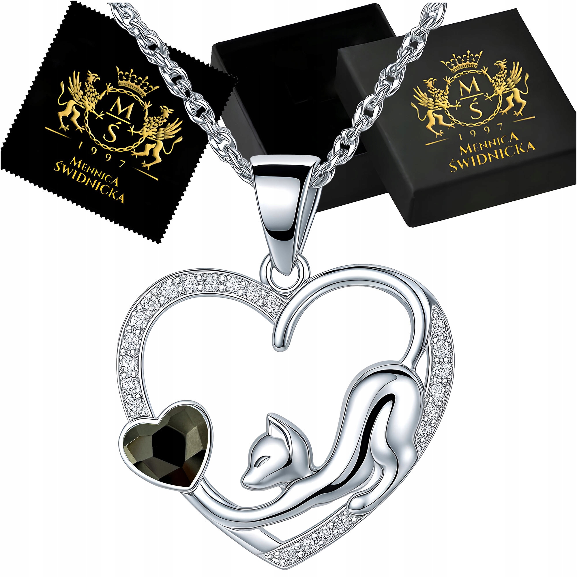 Náhrdelník Kočka Srdce Stříbro 925 s zirkony Dámské stříbrné šperky