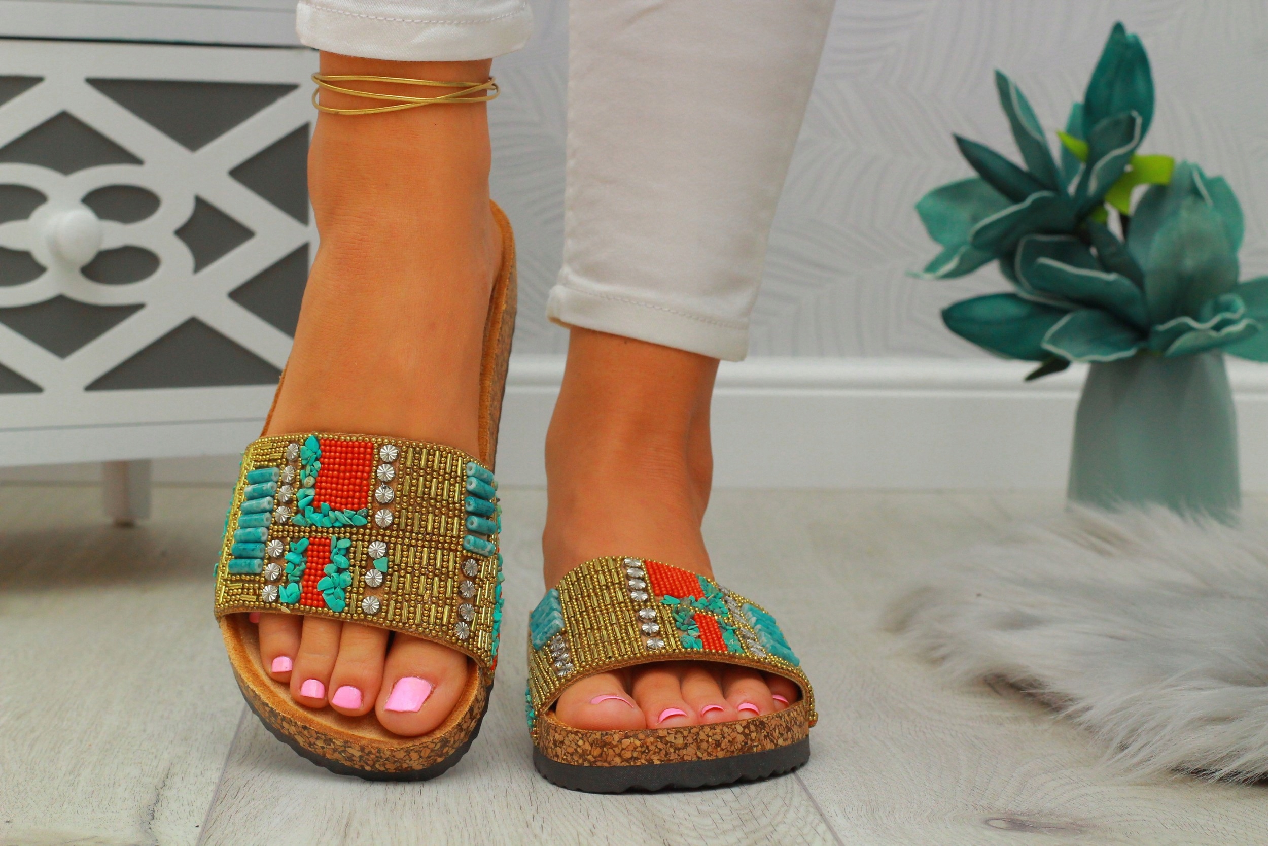 KLAPKI DAMSKIE NA KORKU STYLOWE PROFILOWANE Długość wkładki 25.5 cm