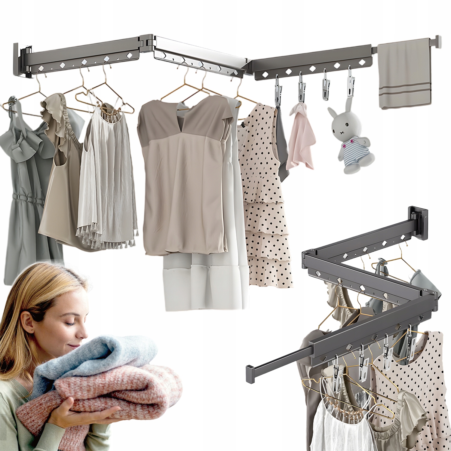 Levně Sušák Na Prádlo Skládací Na Zeď 124CM Úspora Místa Do Koupelny