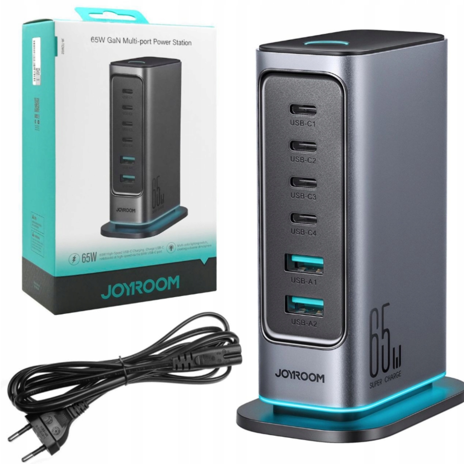 Síťová Nabíječka GaN 65W Led Nabíjecí Stanice 4xUSB-C 2xUSB-A S Kabelem Eu