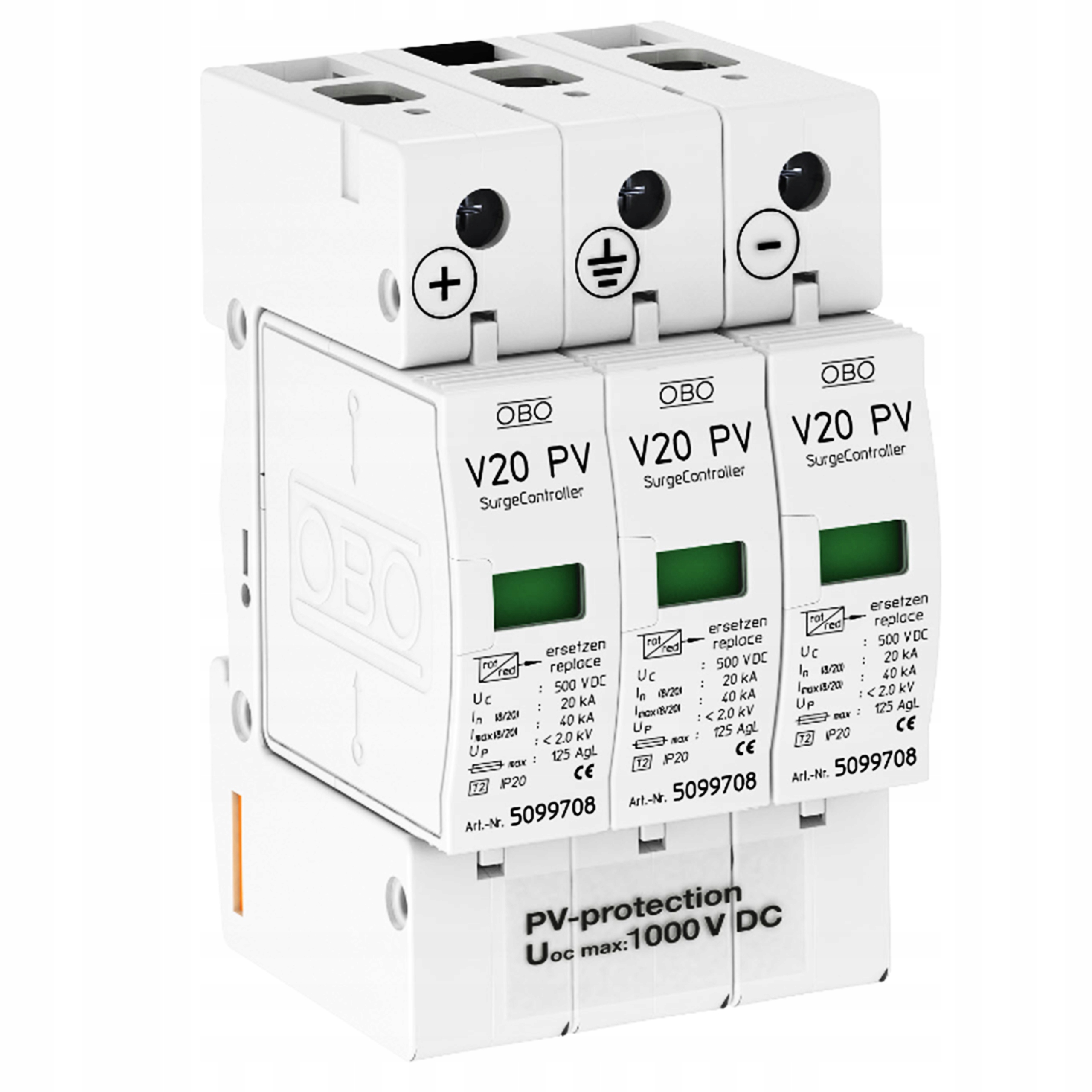Obmedzovač prepätia Pre Fotovoltaiki Pv 1000V DC Typ2 C 3P 20kA 4kV V20 Obo