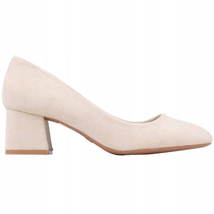 Czółenka Damskie Na Słupku Buty Wsuwane Zamszowe Wkładka Ekoskóra Beżowe