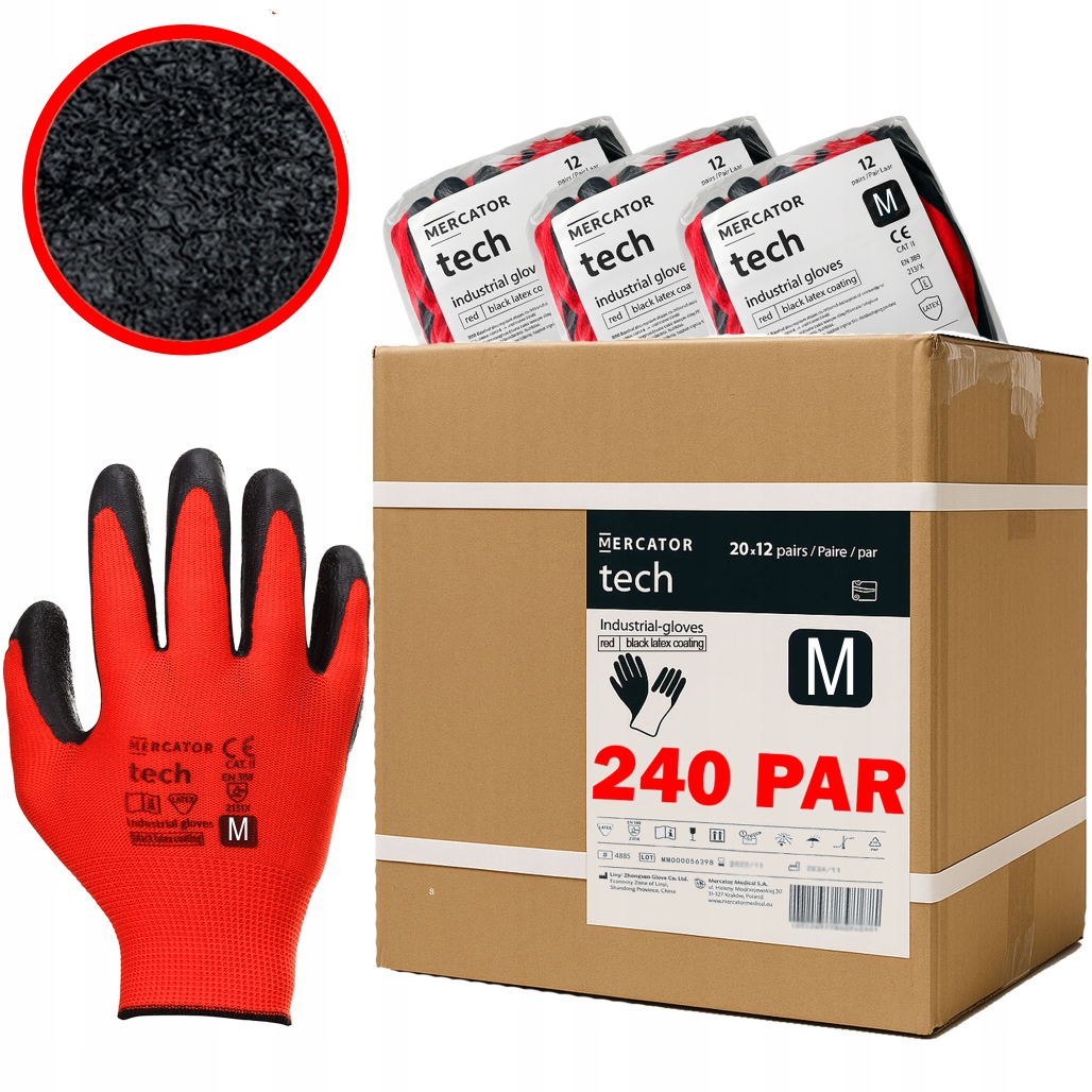 Pracovné rukavice Mercator Tech Red+Black Latex M 240 párov