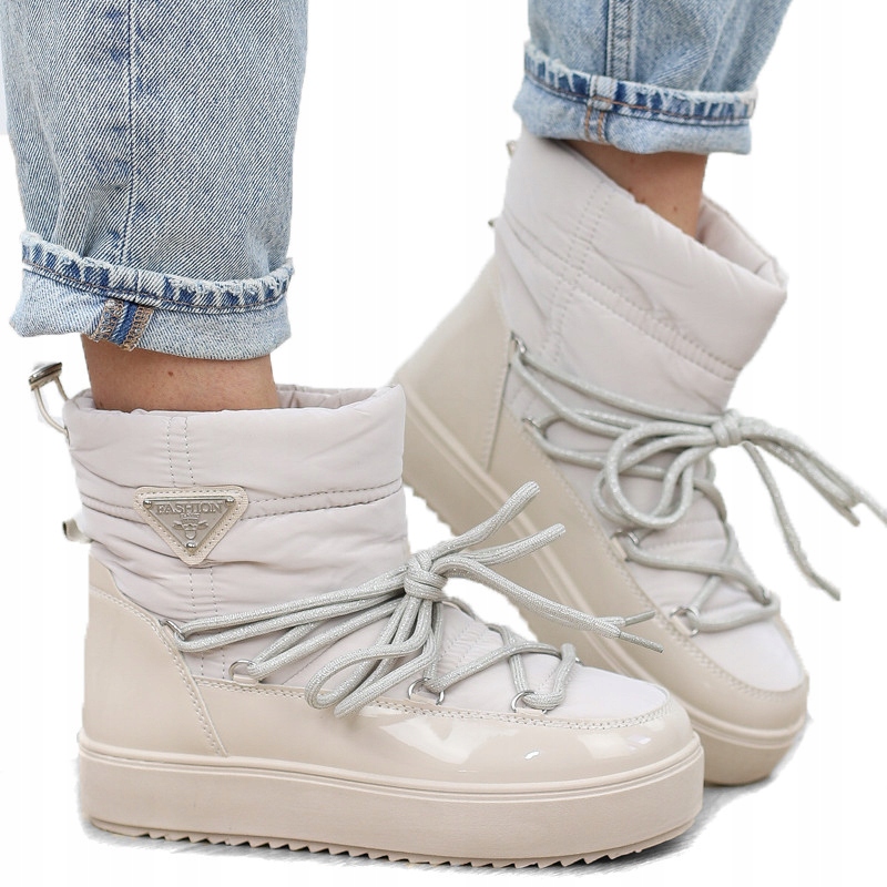 Béžové kotníkové boty dámské zateplené s kožíškem, šněrovací