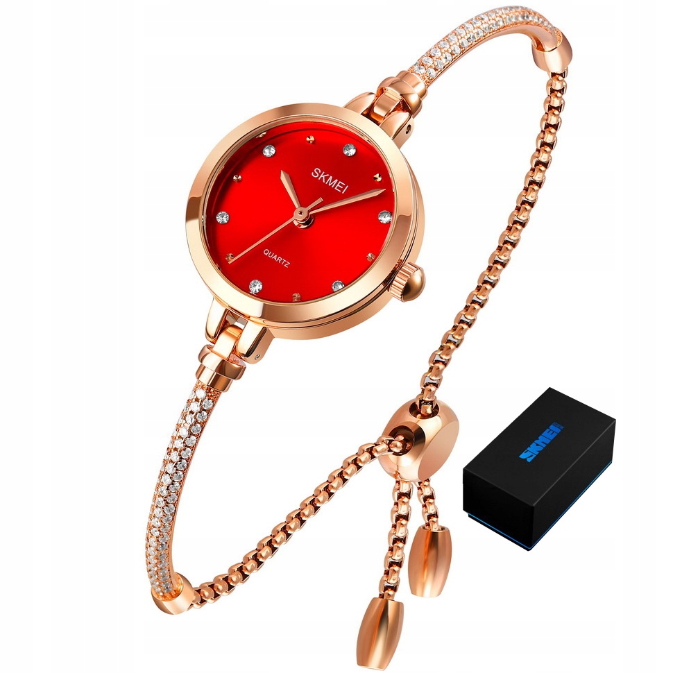 Malé Elegantní Dámské Hodinky Skmei Pro Ženy, Zlaté S Červenými Zirkony