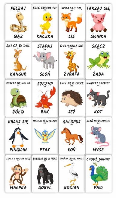 Karty Ruchowe ze zwierzątkami (zestaw 20 kart A5) Materiał papier