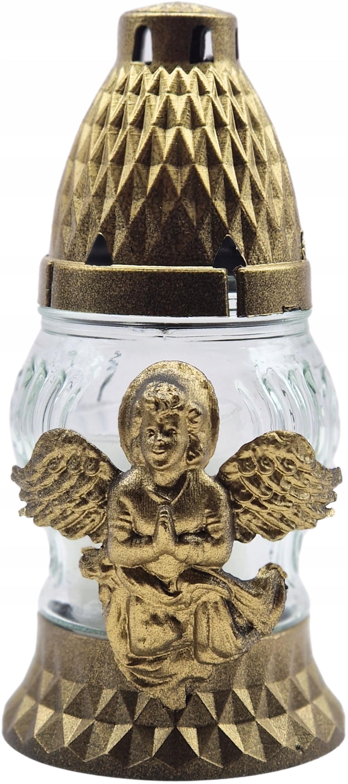 Znicz szklany LA11 14cm, wkład 30g, czas palenia 8h, aplikacja ANIOŁ złoty