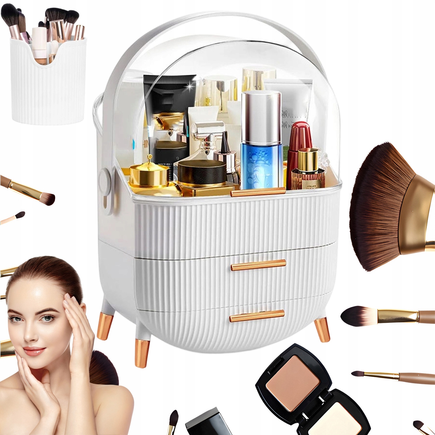 Krabička Na Ukládání Kosmetických Přípravků S Přihrádkou Na Štětce, Bílé A Zlaté