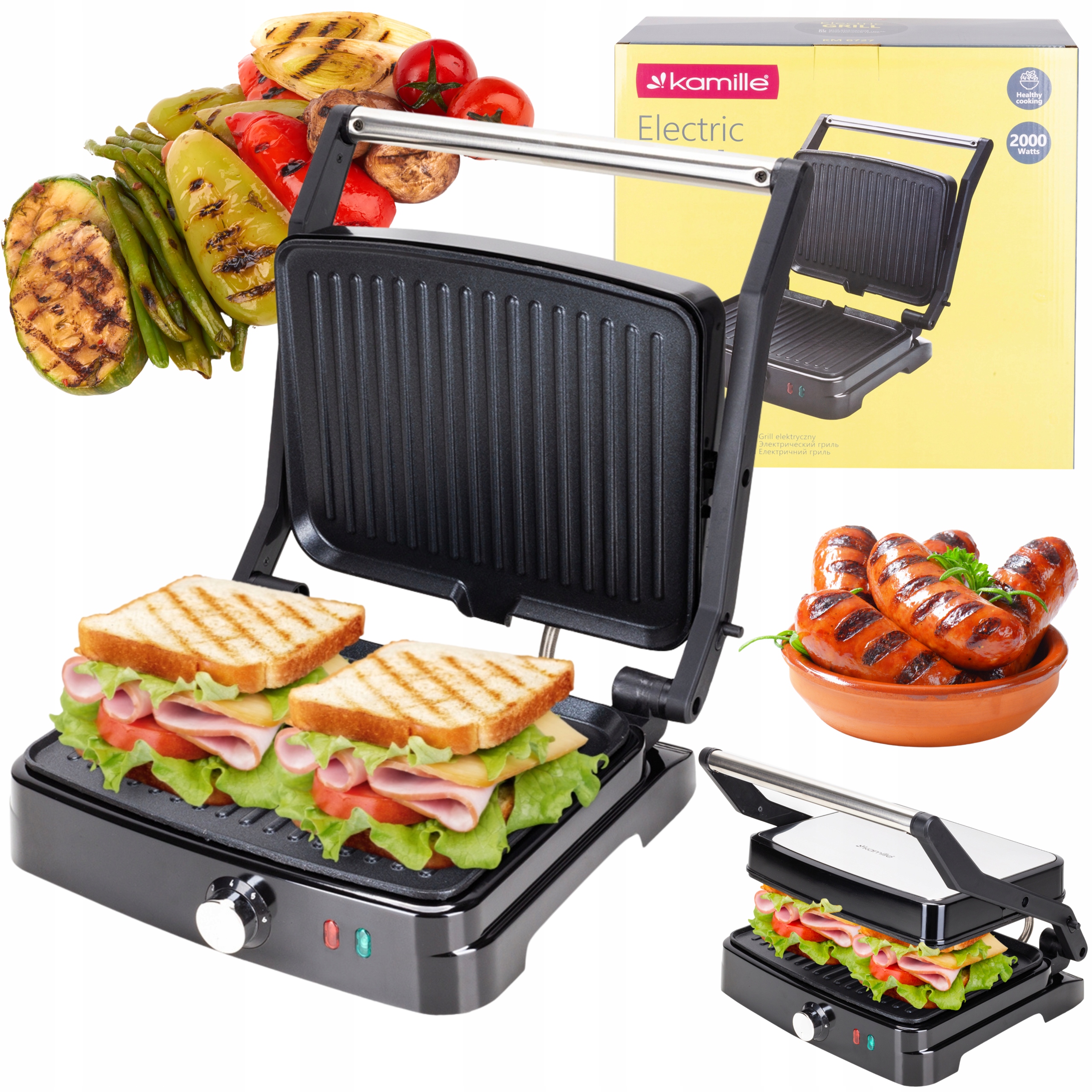 Elektrický Gril 2000 W, Skládací Sendvičovač Toustovač Kamille
