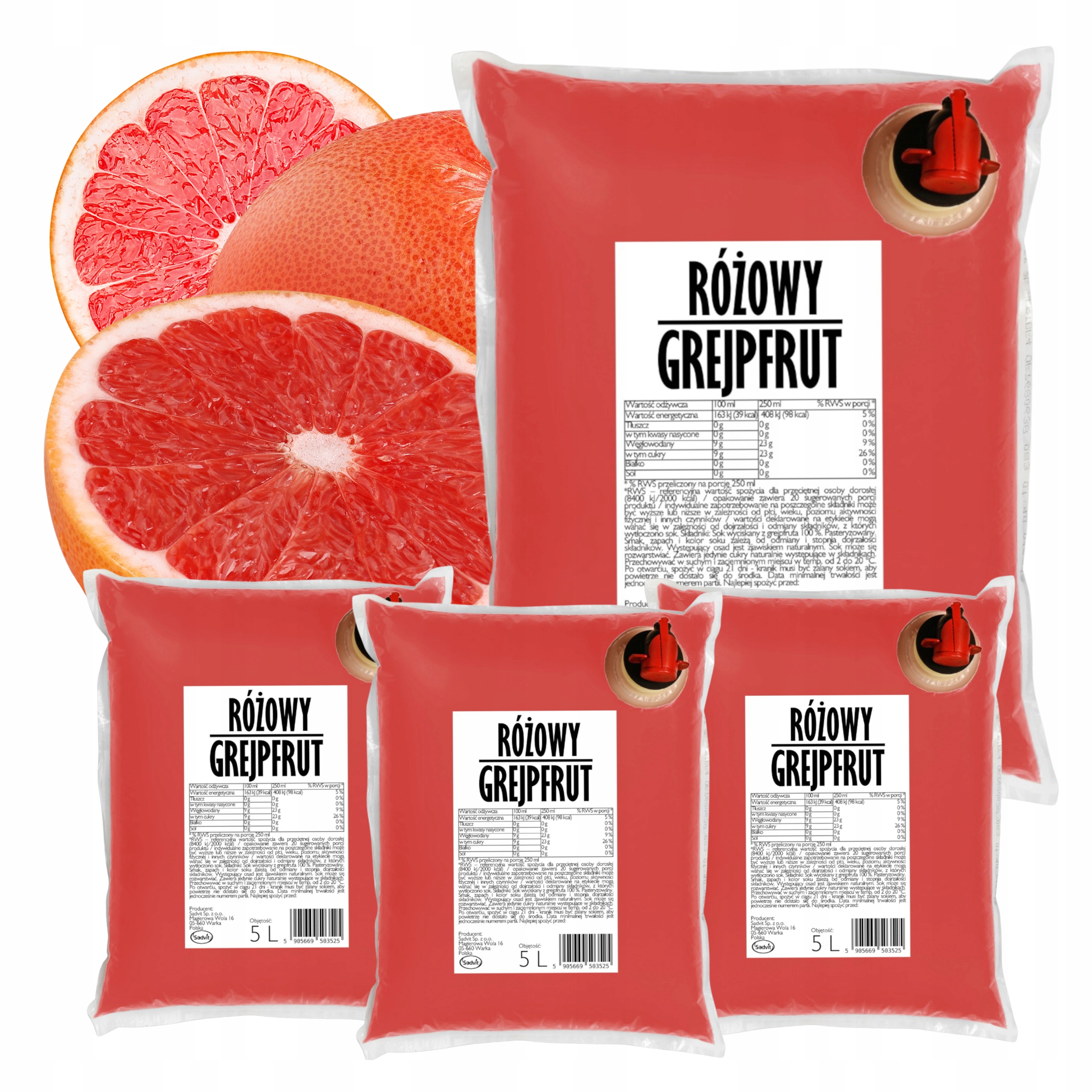 Sok Z Grejpfruta Grejpfrutowy Nfc 100% Tłoczony Naturalny Bez Chemii 4x5L