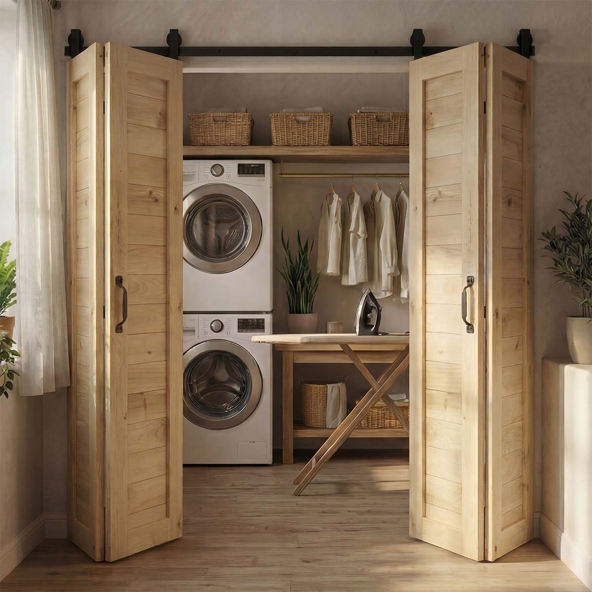 Posuvné skládací dubové dveře Horizon s vodítkem 200 cm, surové