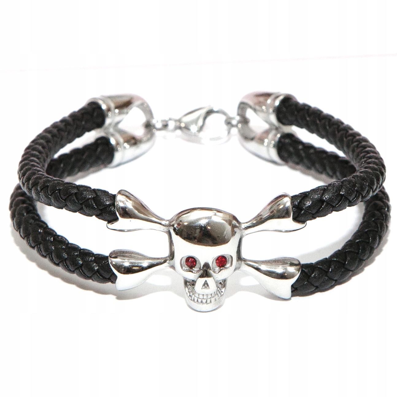Pánský kožený náramek černý pletený lebka pirátská