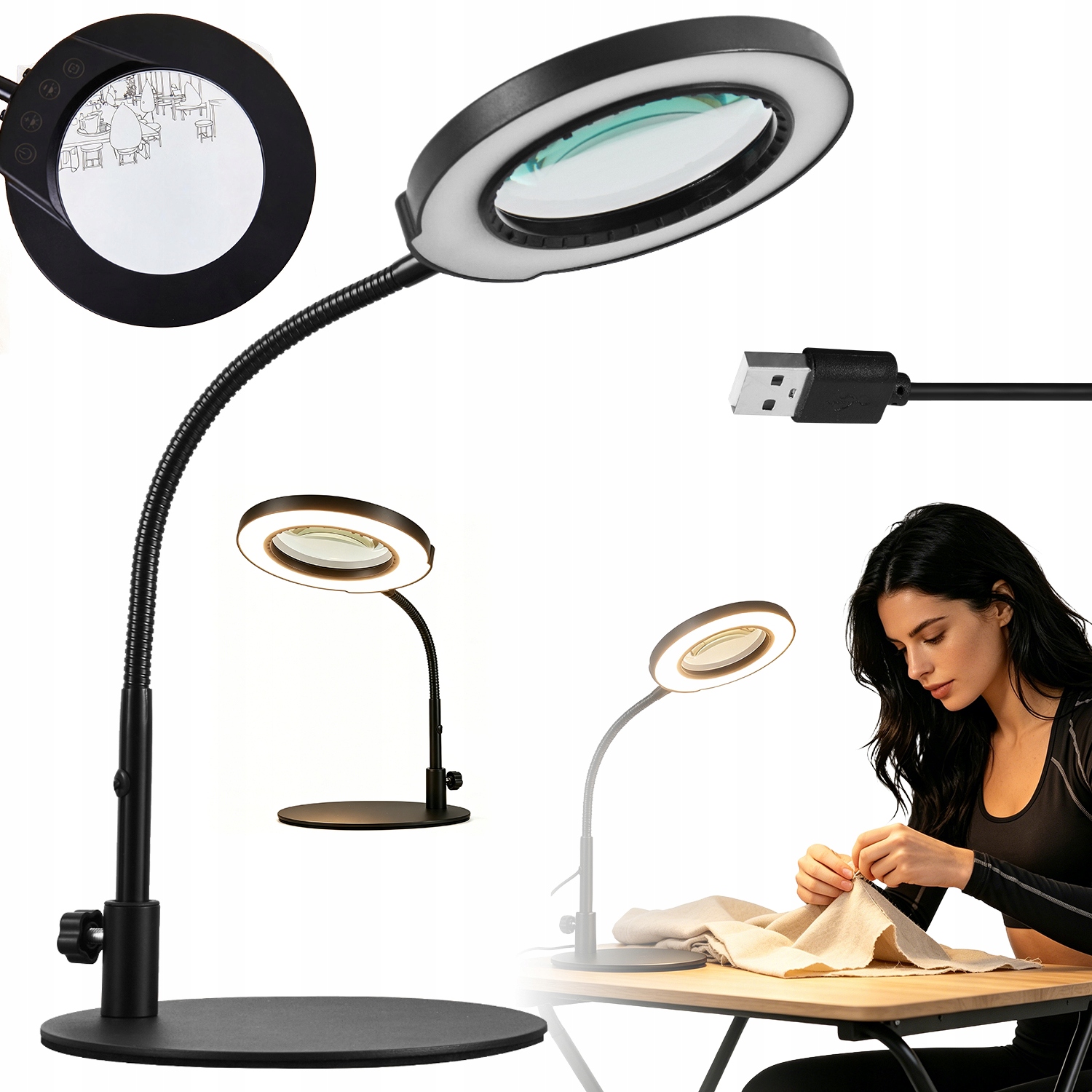 Stolní Lampa S Lupou 10X 5 Barevných Teplot Černá Usb 4.3 Palce 360°