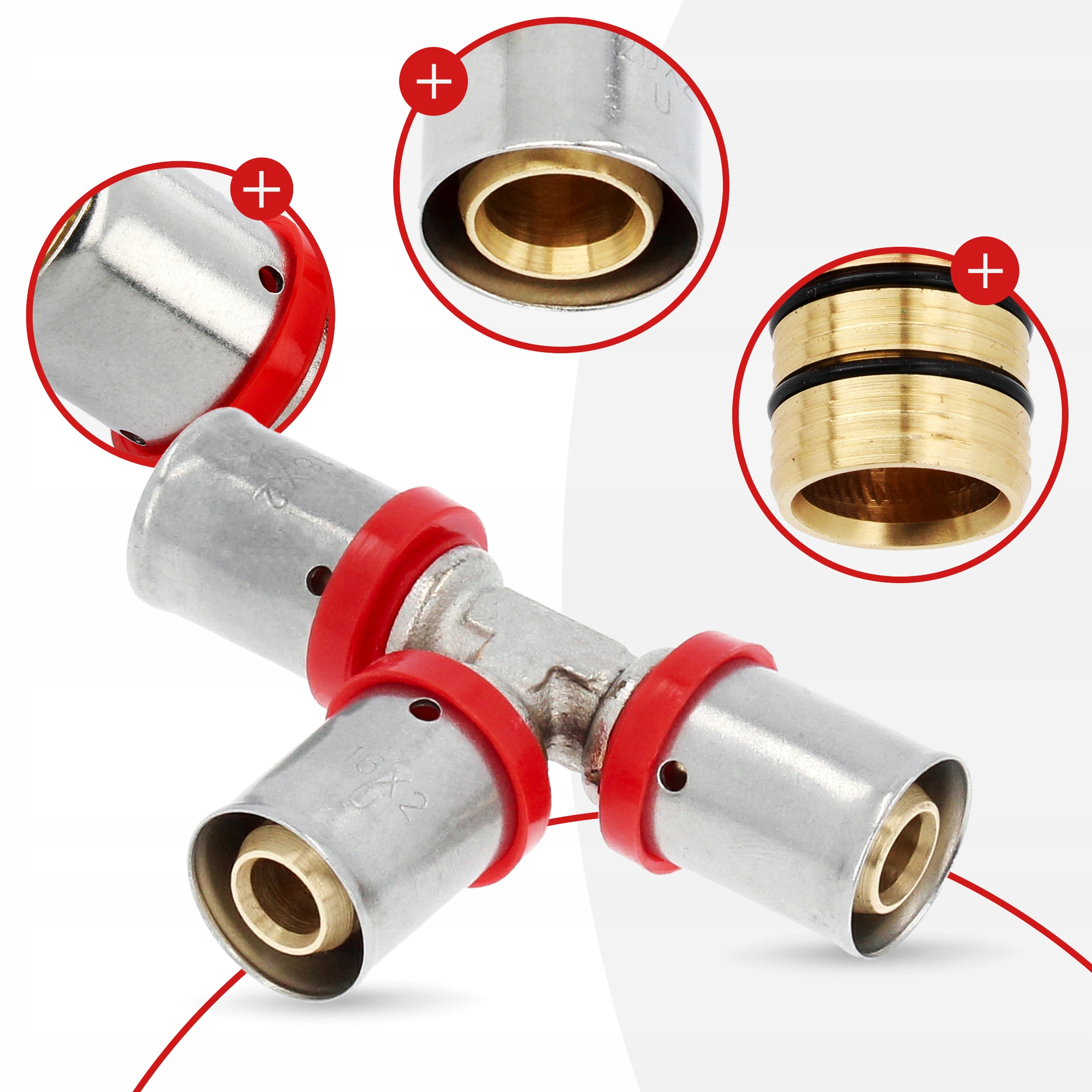 Trójnik PEX 16 mm ZAPRASOWYWANY Zaciskany Złączka Łącznik Rur Wody PRESS Materiał wykonania mosiądz