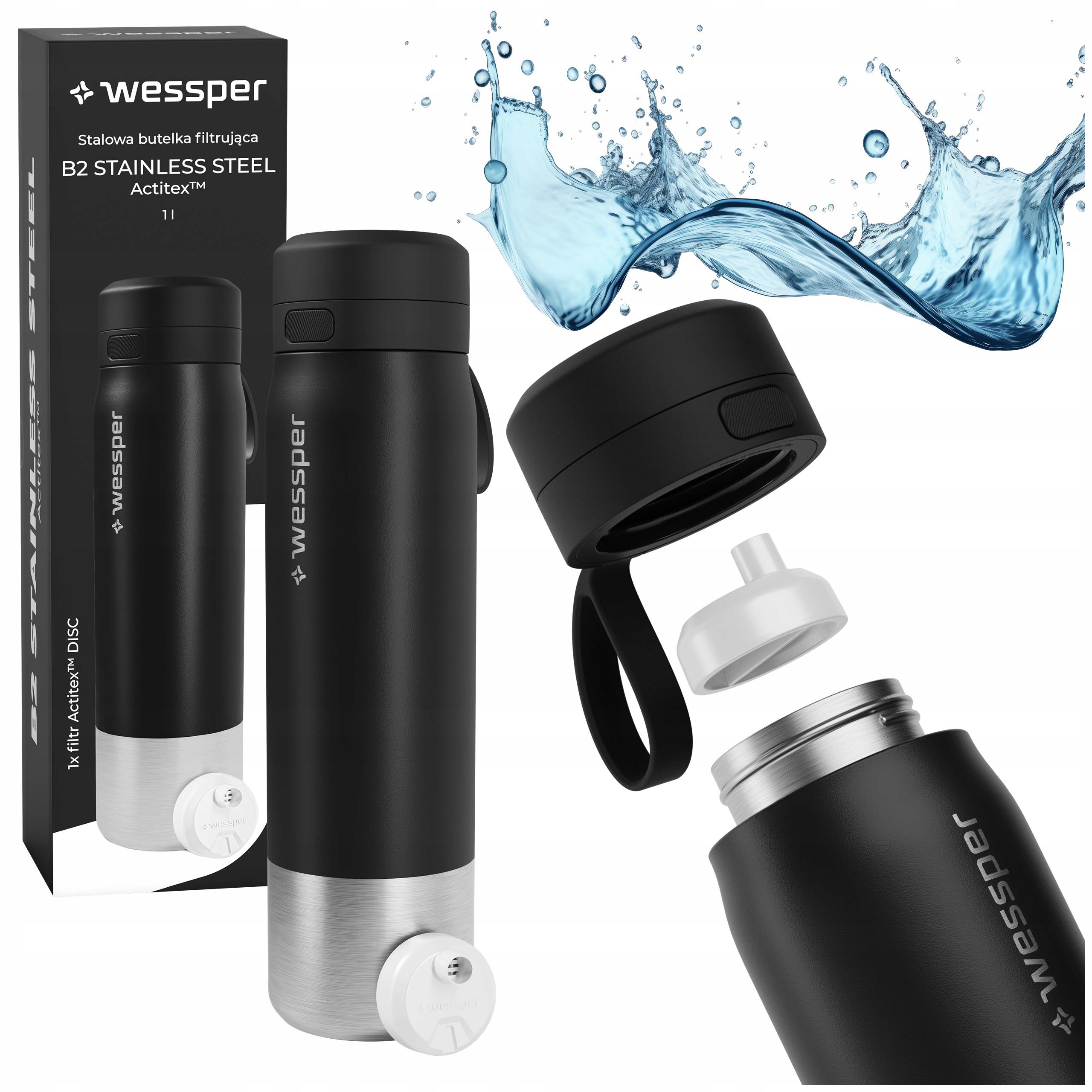Ocelová filtrační láhev Wessper B2 Actitex s filtrem na vodu o objemu 1 l