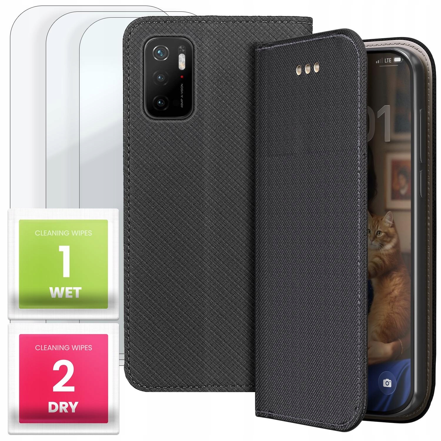 Etui z Klapką 3x Szkło Do Xiaomi Redmi 10 5G Poco M3 Pro 5G (Czarne)
