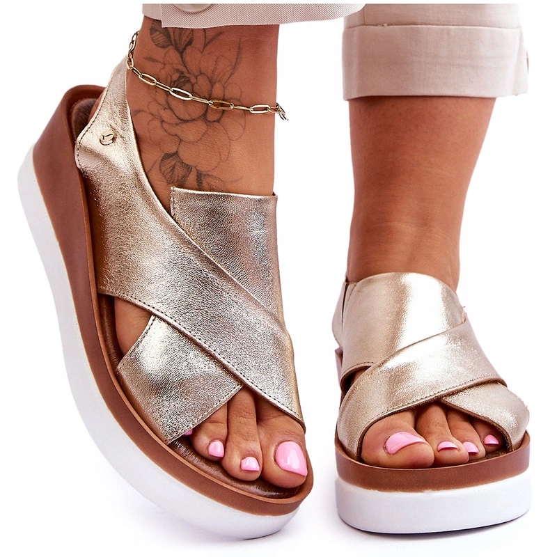 Kožené Sandály Na Podpatku A Platformě, Zlaté, Velikost 37