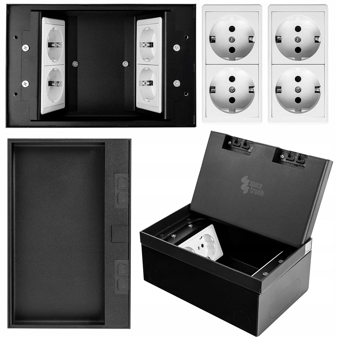 Podlahová krabice 4 zásuvky skrytá kovová Spacetronik Mediaport černá