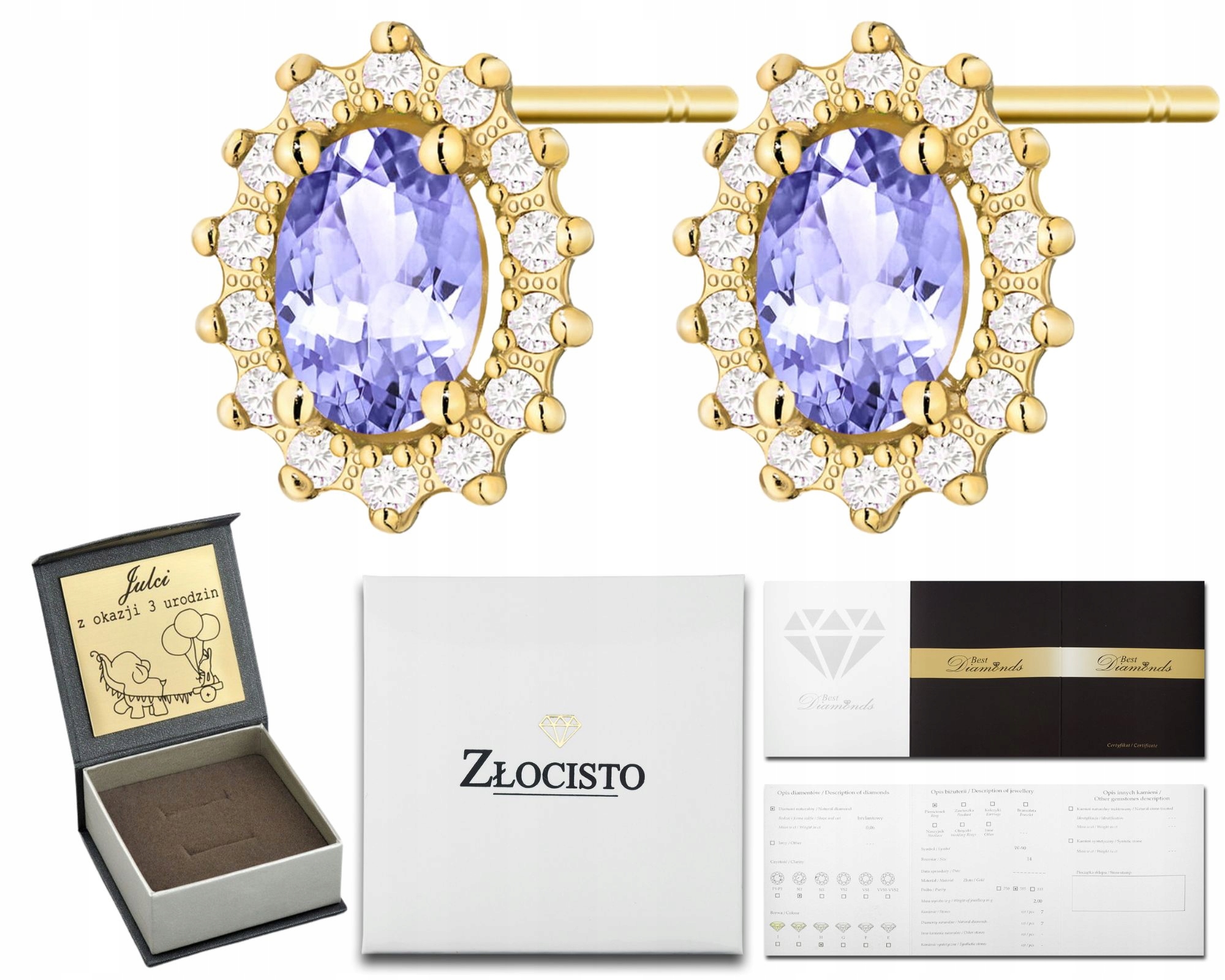 Zlaté Náušnice Tanzanity Brilianty Na Tyči Zlato 585 Jako Dárek