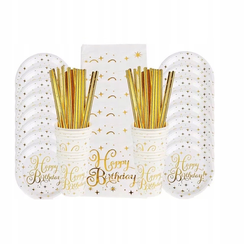 

Zestaw Imprezowy Złoty Kubki Talerzyki Słomki Serw