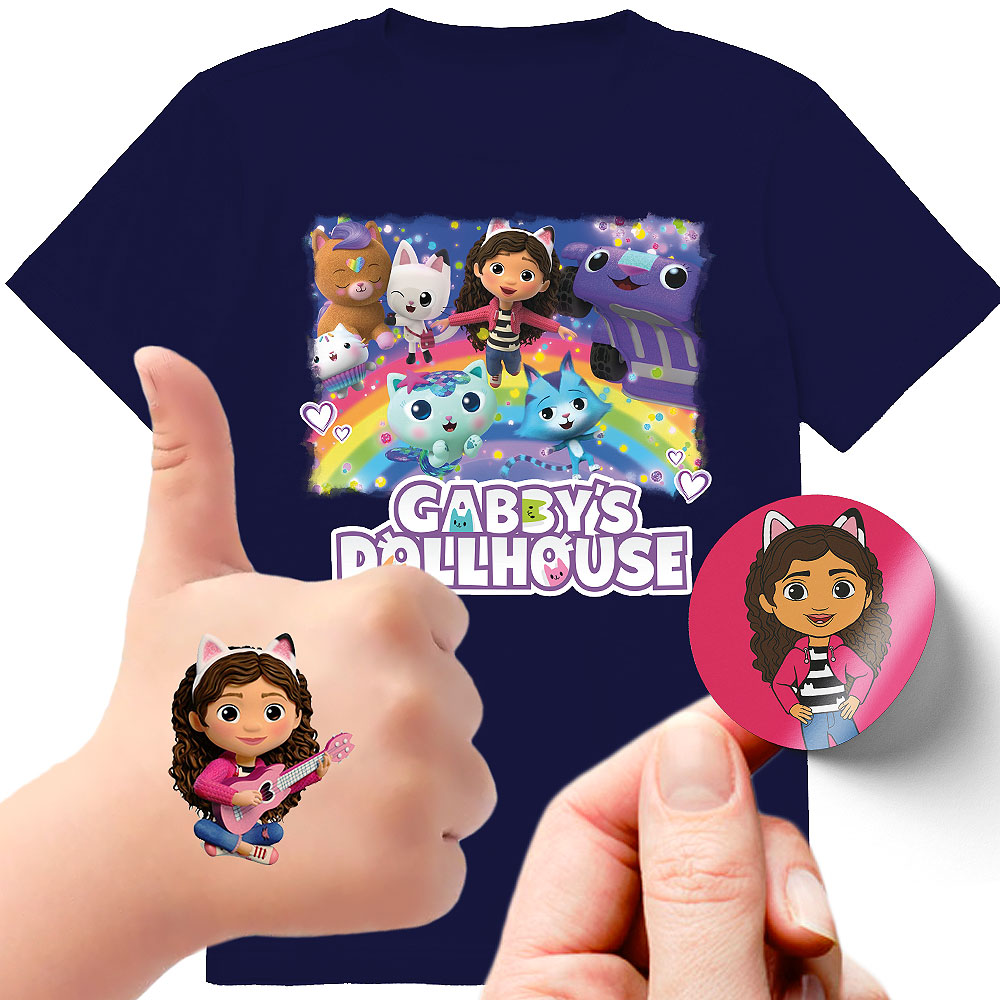 ZESTAW 3W1 KOSZULKA DLA DZIECI TATUAŻE NAKLEJKI KOCI DOMEK GABI 116 JAKOŚĆ