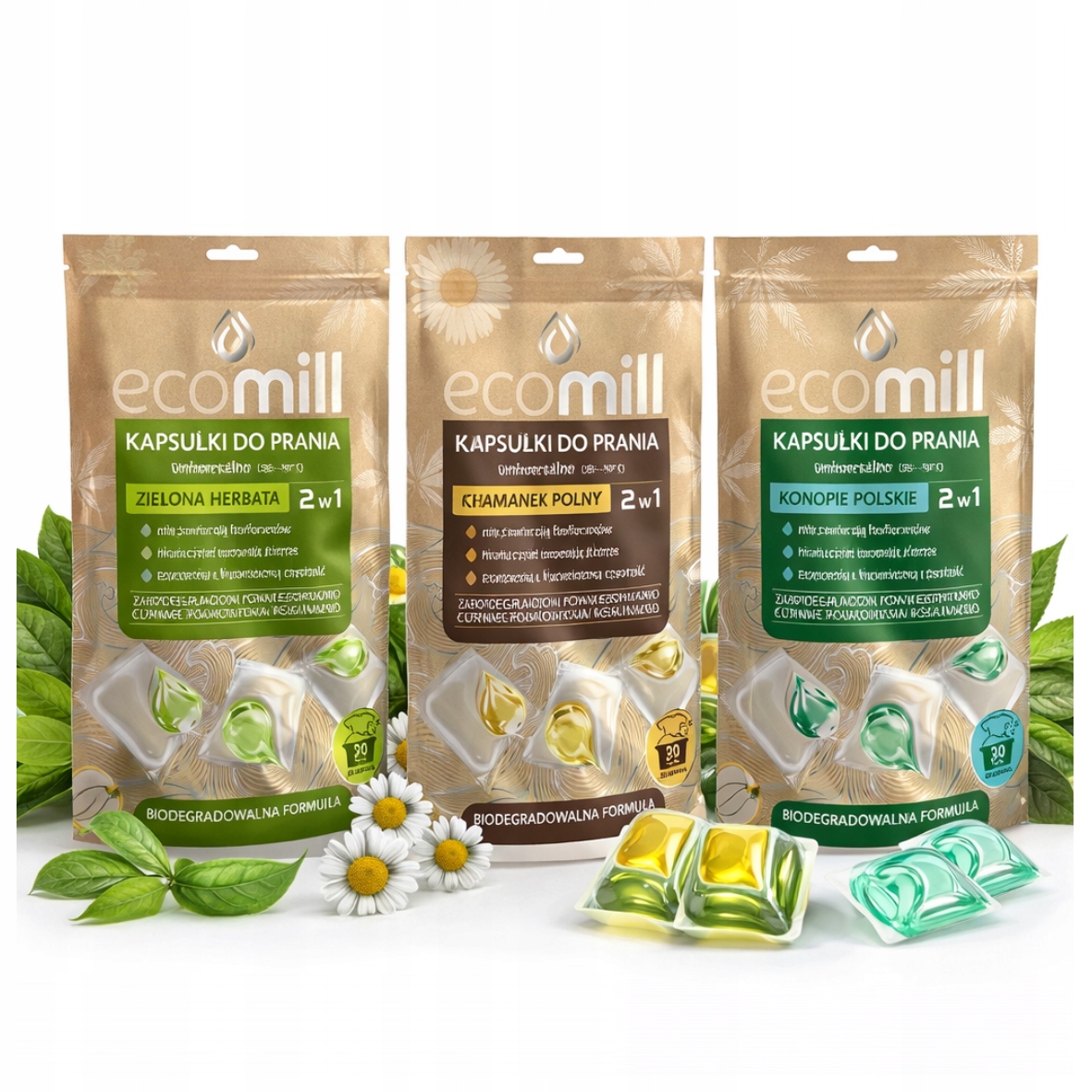 Ecomill kapsle na praní Set x3 Zelený čaj, Heřmánek, Konopí
