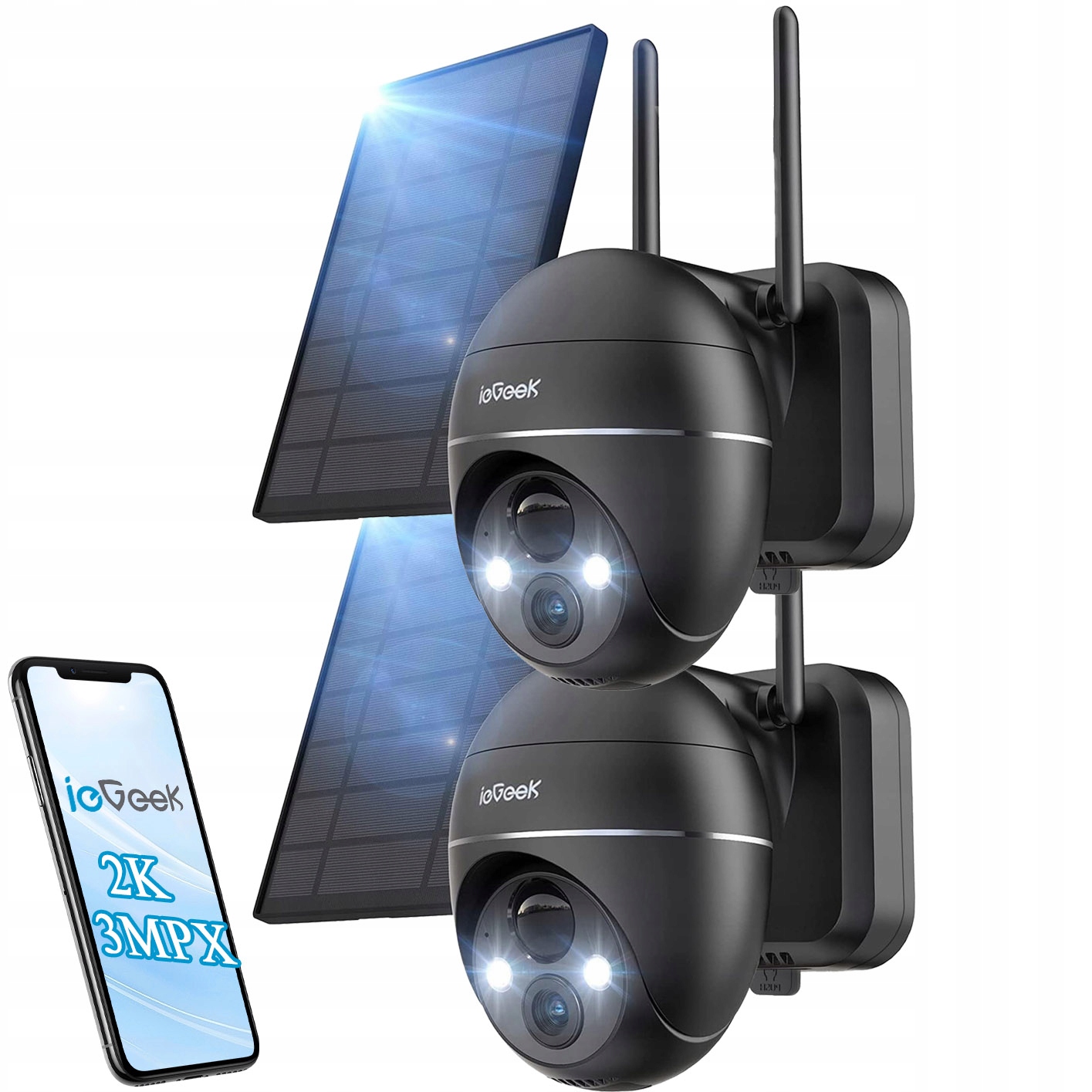 Venkovní Solární Kamera Full Hd Wifi Otočná Ip 2K 4X Zoom 9000MAH 2ks