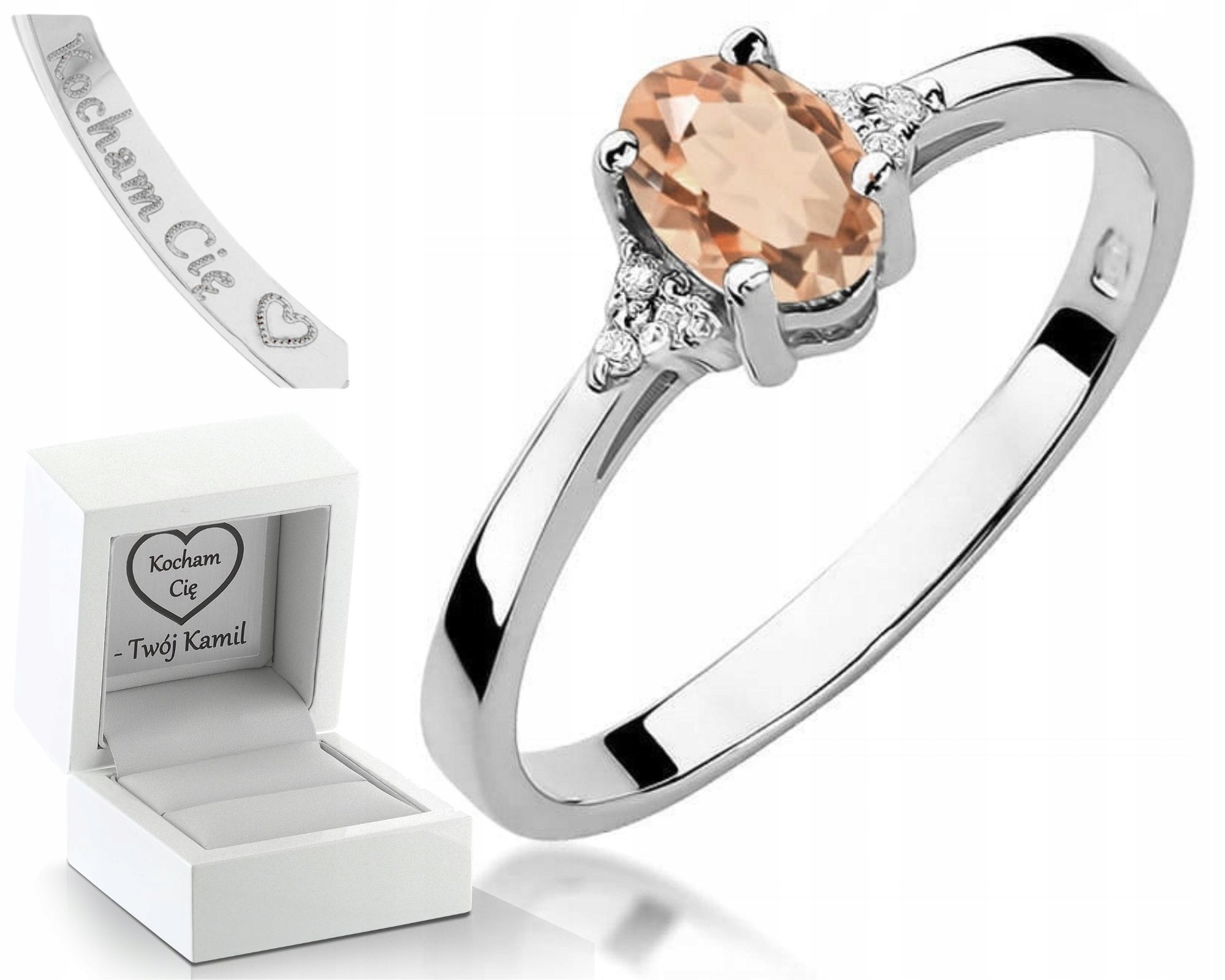 Bílé Zlato Prstýnek Pro Zásnuby Diamanty Morganit 585 Gravírování